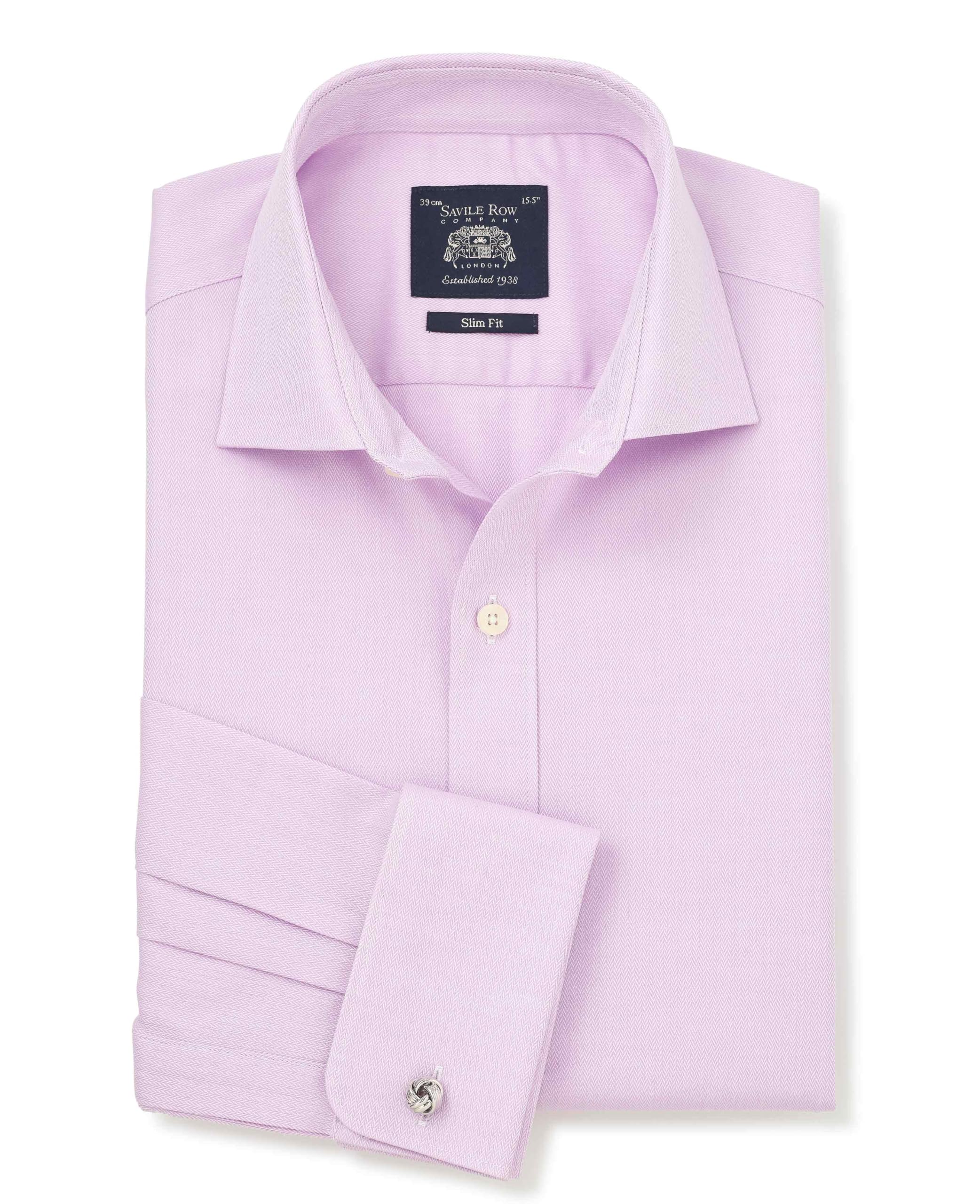 THE SAVILE ROW COMPANY LONDON Men's Slim Fit Cotton Herringbone Double Cuff Formal Shirt - Lilac - 15" Collar