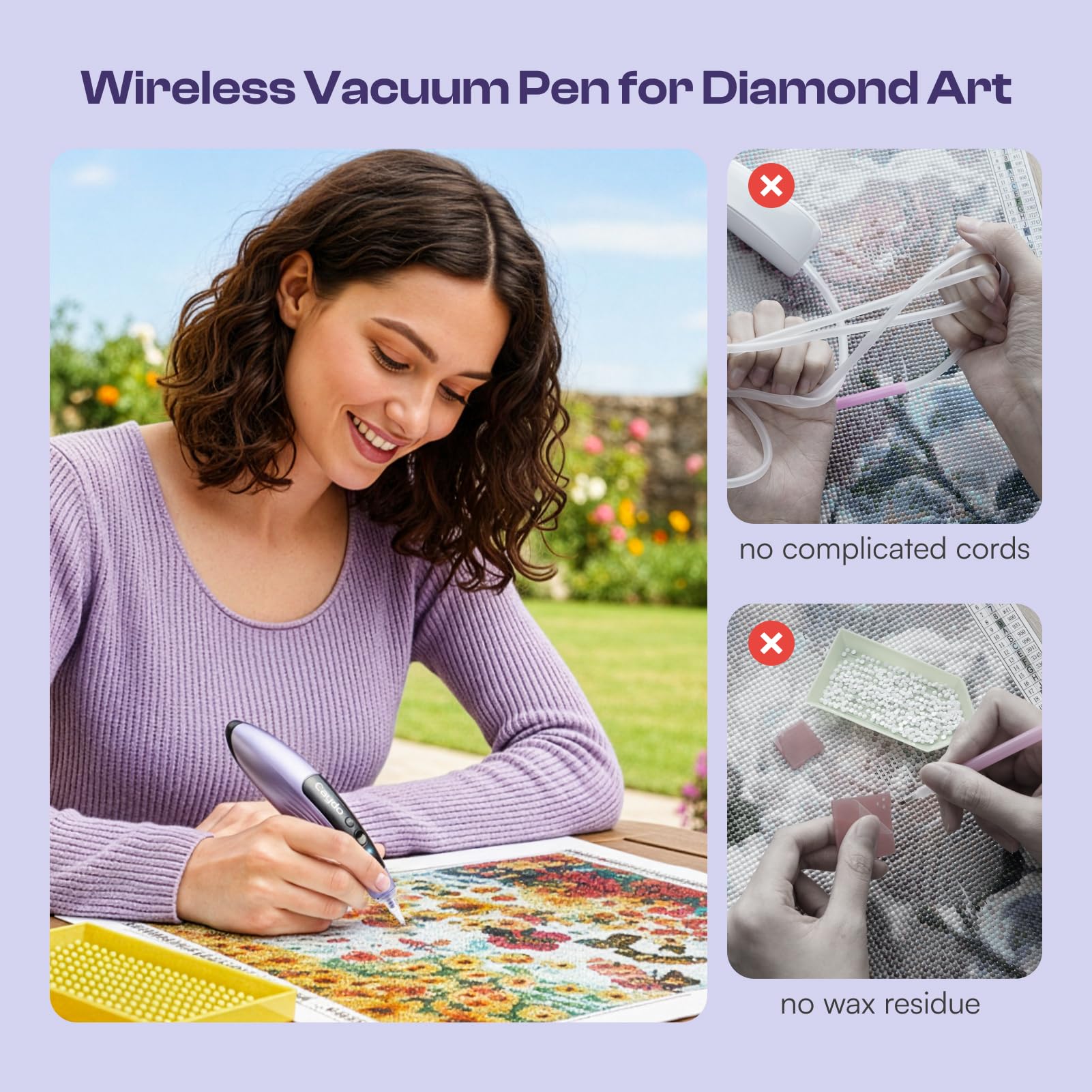 Caydo Kabelloser Elektrischer Diamond Painting Stift mit Licht, 3 einstellbare Saugstufen, aufladbarer Diamond Art Stift mit 2-in-1 Ladebasis & austauschbaren Spitzen, Diamond Art Set für Erwachsene