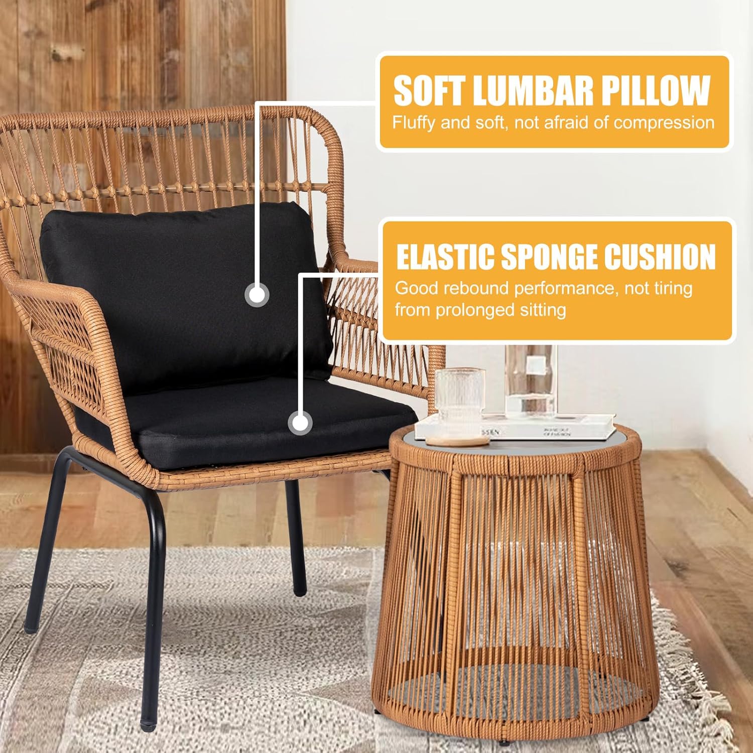 PROHIKER 3 Pieces Outdoor Wicker Bistro Patio Furniture Set, Porch Furniture Rattan Conversation Sets with Side Table and Cushions for Garden Poolside Backyard, Yellow/Black