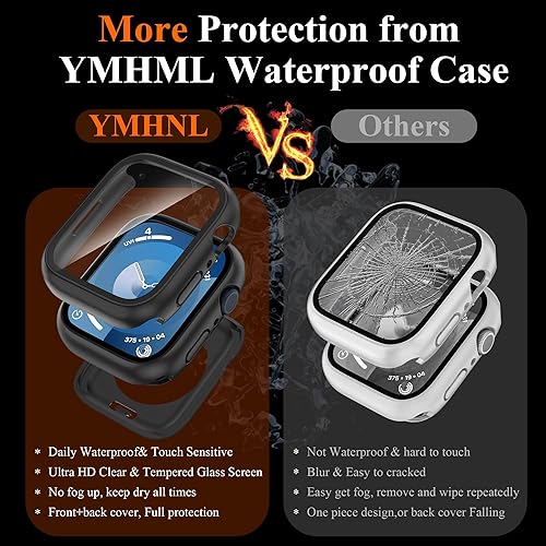 Miniatura 4 de YMHML - Funda impermeable para Apple Watch Series 9 de 1.772 pulgadas, protector de pantalla de vidrio templado 360, cubierta frontal de