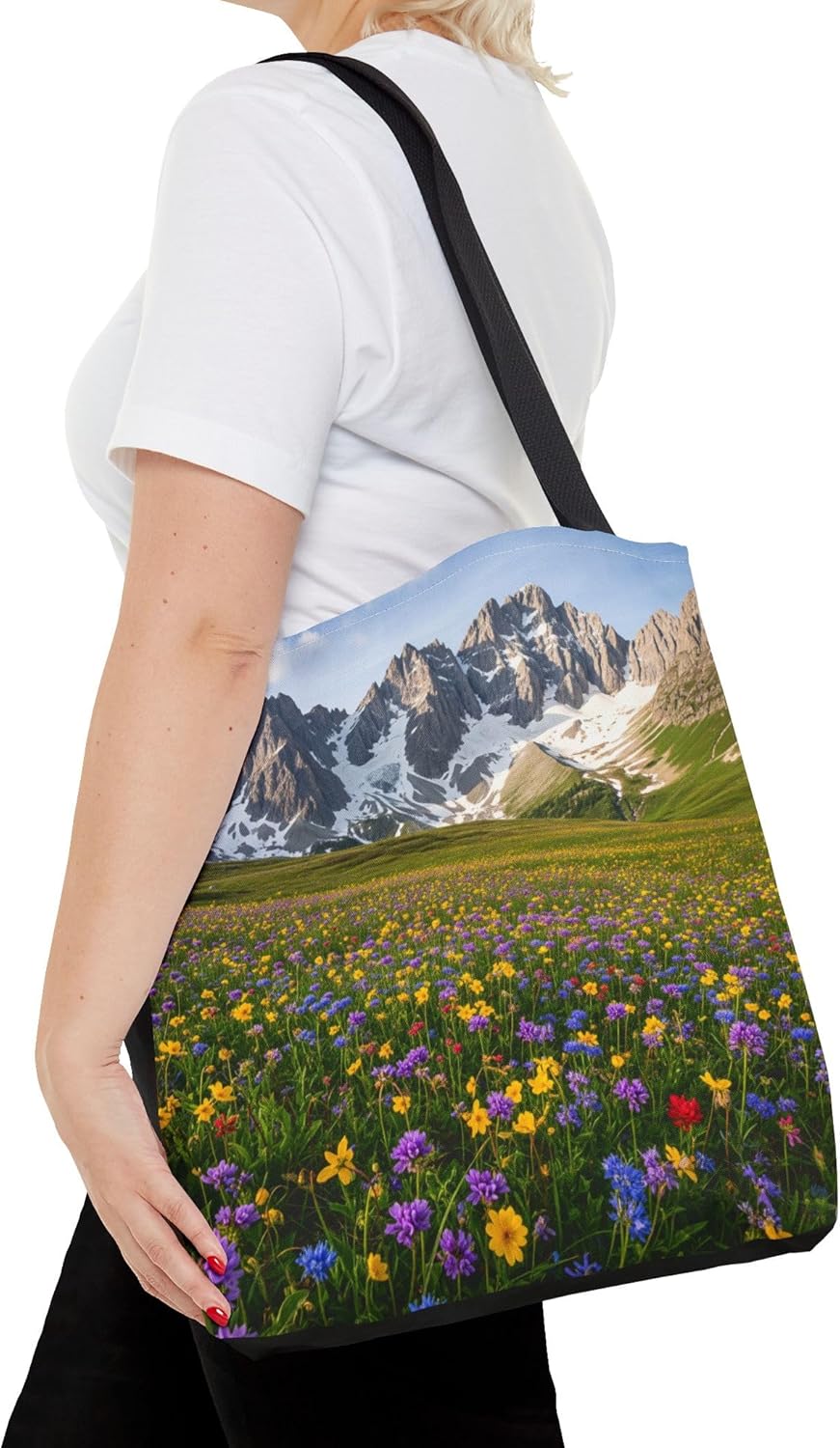 Premium Tote Bag with Reinforced Stitching - A Carpet of Alpine Wildflowers Blooming Beneath Jagged Snowcapped Peaks