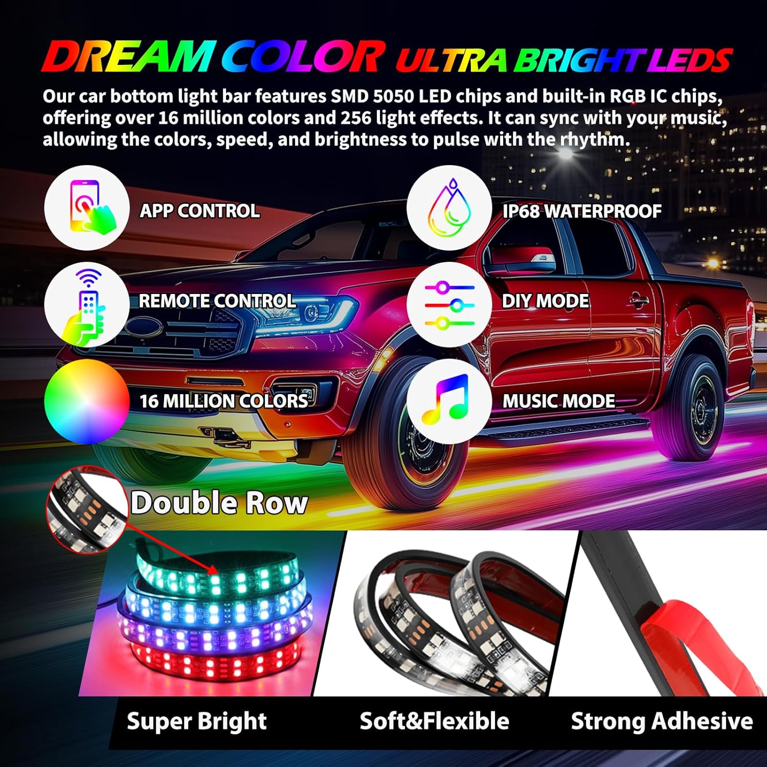 Underglow Light Kits 2-Rows,Neon Accent Strip Lights, 6PCS RGB LED Under Glow Light Kit for Car,Waterproof Exterior Car Light Strips for Van SUV Truck,with APP & RF Remote Control,DC 12V