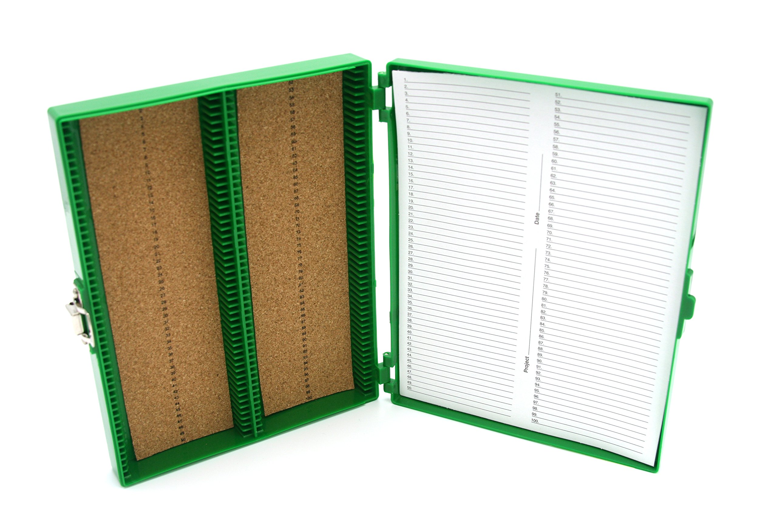 Heathrow Scientific HD15994B Green Cork Lined 100 Place Microscope Slide Box, 8.25" Length x 7" Width x 1.3" Height