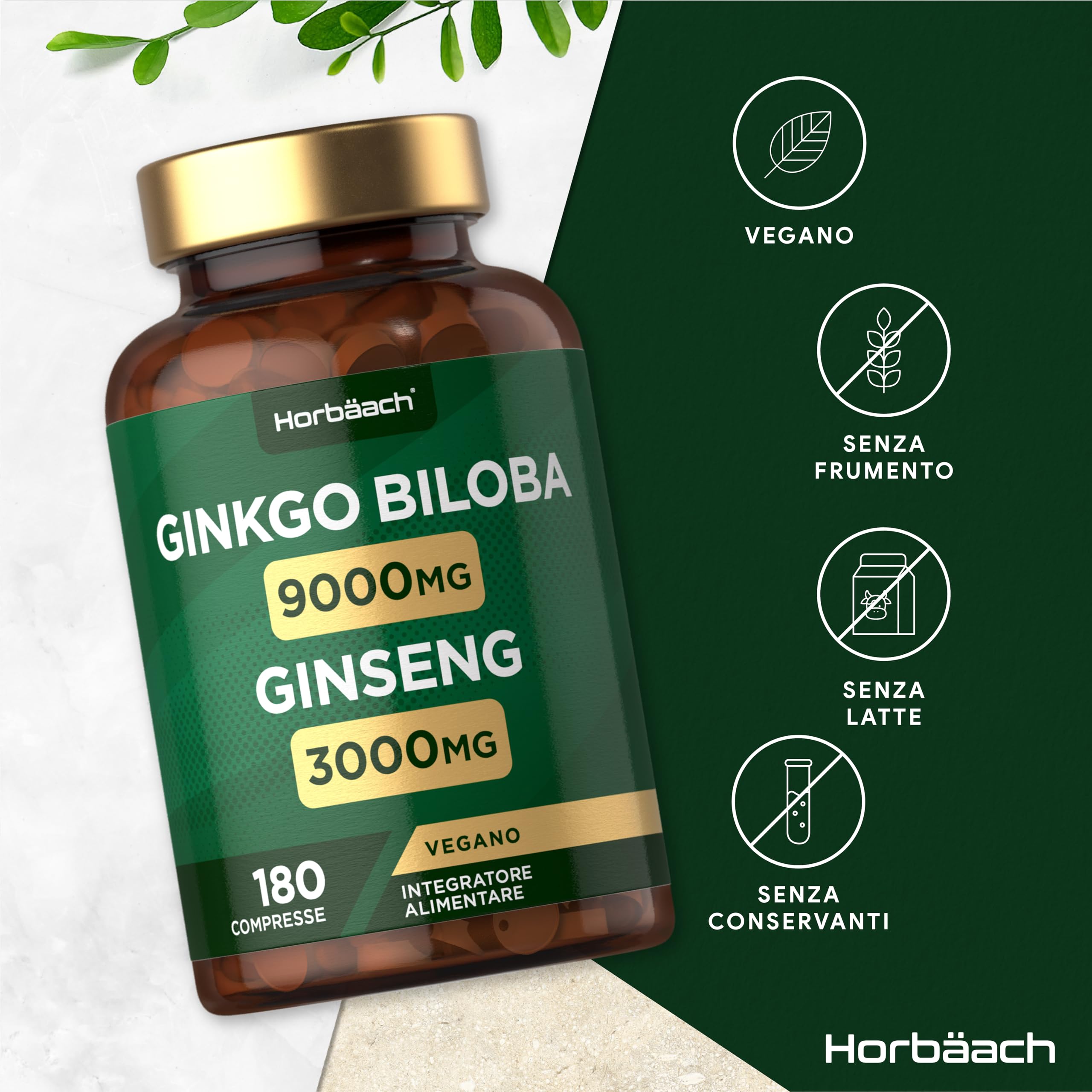 Ginkgo Biloba e Ginseng Integratore 12000mg | 180 Compresse Vegane | Ginkgo 9000 mg e Radice di Ginseng Coreano 3000 mg | di Horbaach