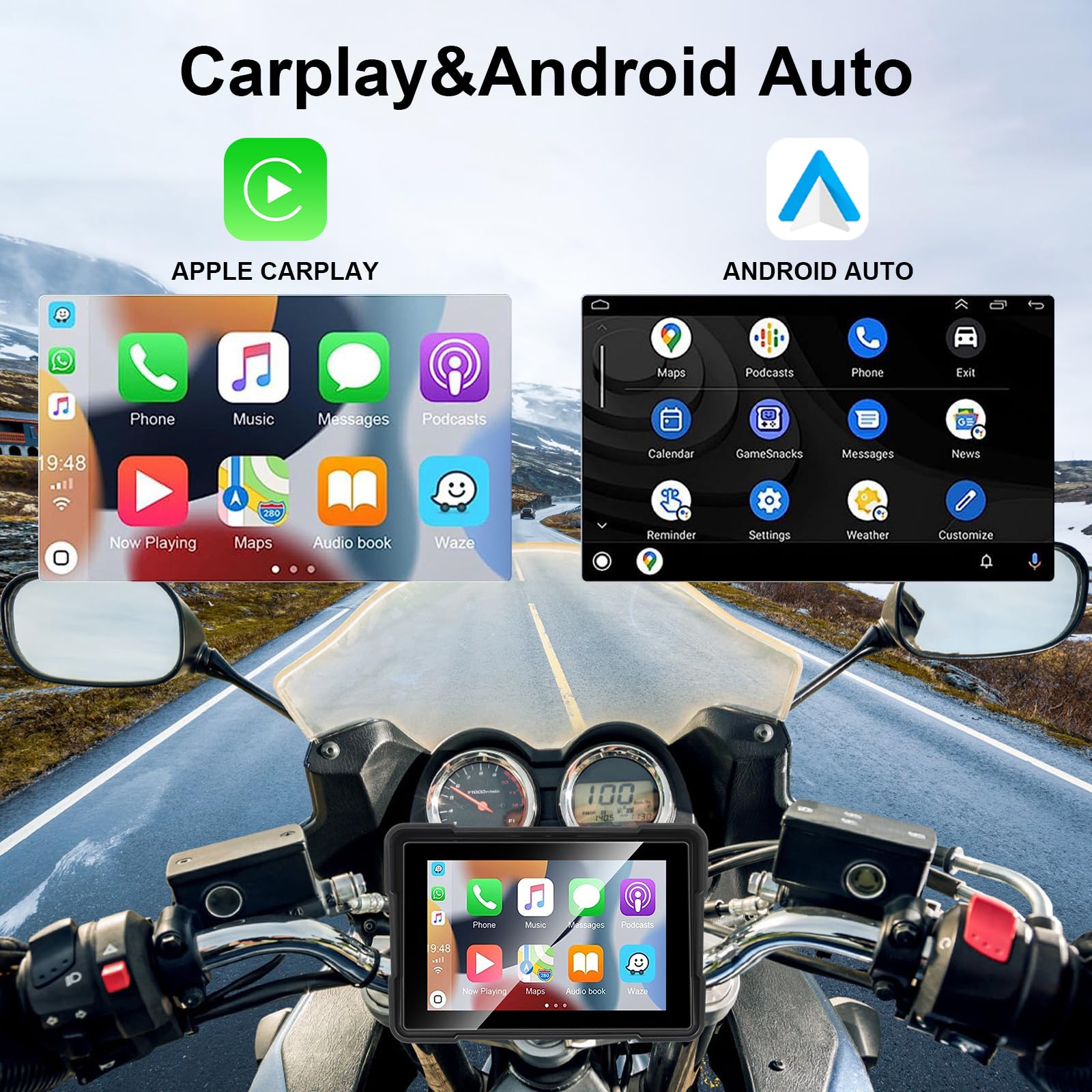 GuKKK Carpuride Pantalla CarPlay GPS para Motocicleta de 5 Pulgadas, CarPlay inalámbrico y Android Auto para Motocicletas, IP67 a Prueba de Agua,Admite Bluetooth Dual TF64, Navegación GPS Moto