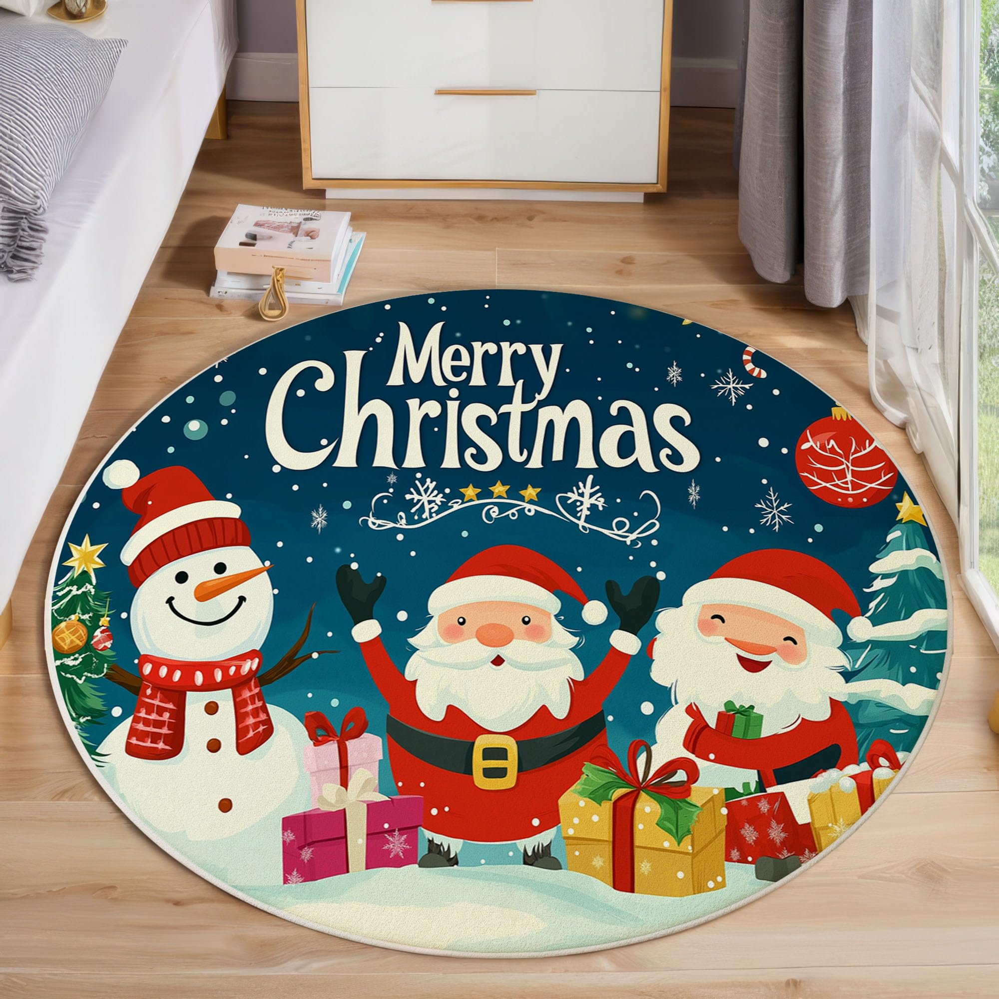 Tapis salon Père Noël bleu foncé antidérapant et doux poil ras 80cm