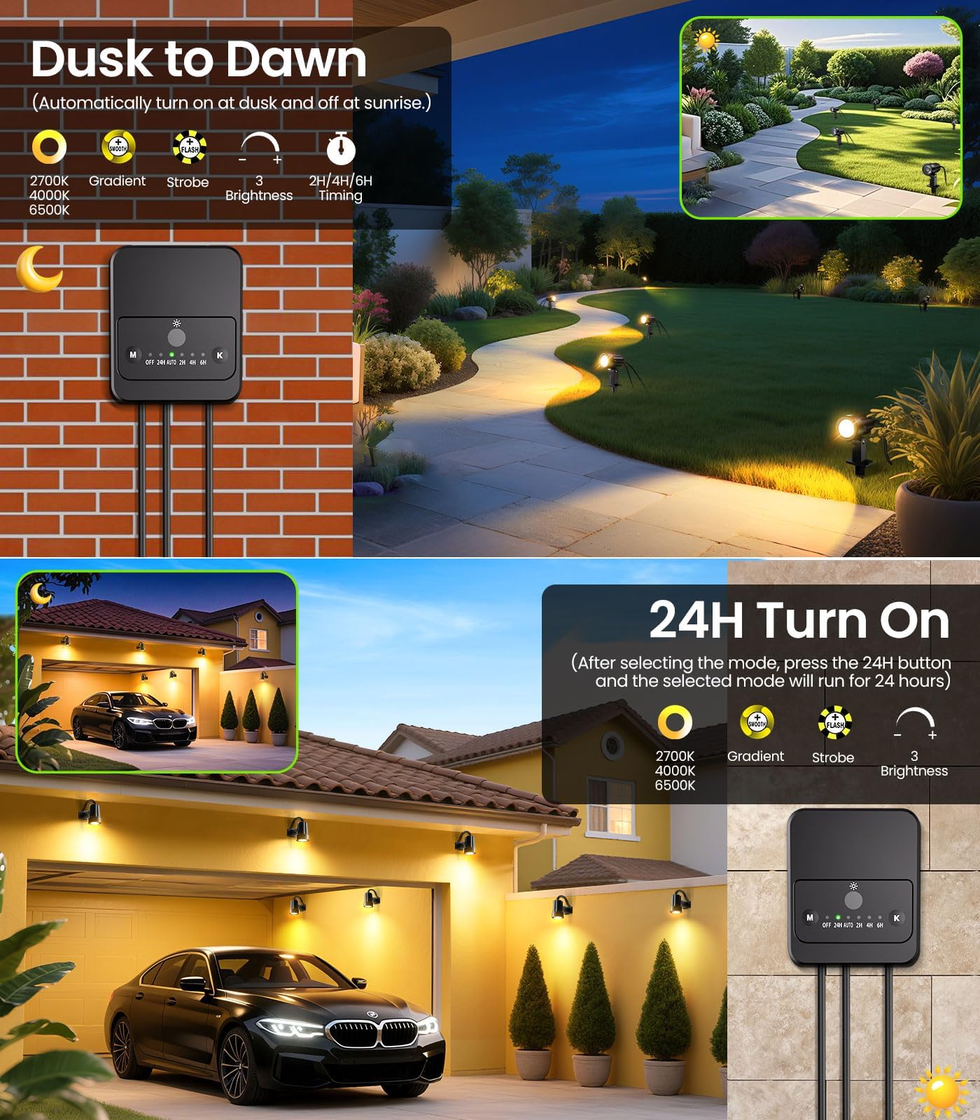 CLV Focos Exterior Jardín 12 Piezas, 30M Foco Proyector Exterior 2700K-6500K Regulable 2400LM Lámpara de Césped 2 Modos Dinámicos Luces de Paisaje de Jardín IP66 Impermeable Iluminacion Jardin