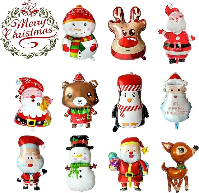 LABOTA 11 Pcs Christmas Balloons,Christmas Foil Balloons Merry Christmas Party Balloons Santa Claus Snowman Elk Reindeer Sock Aluminum Foil Balloons for Christmas Party Decorations
