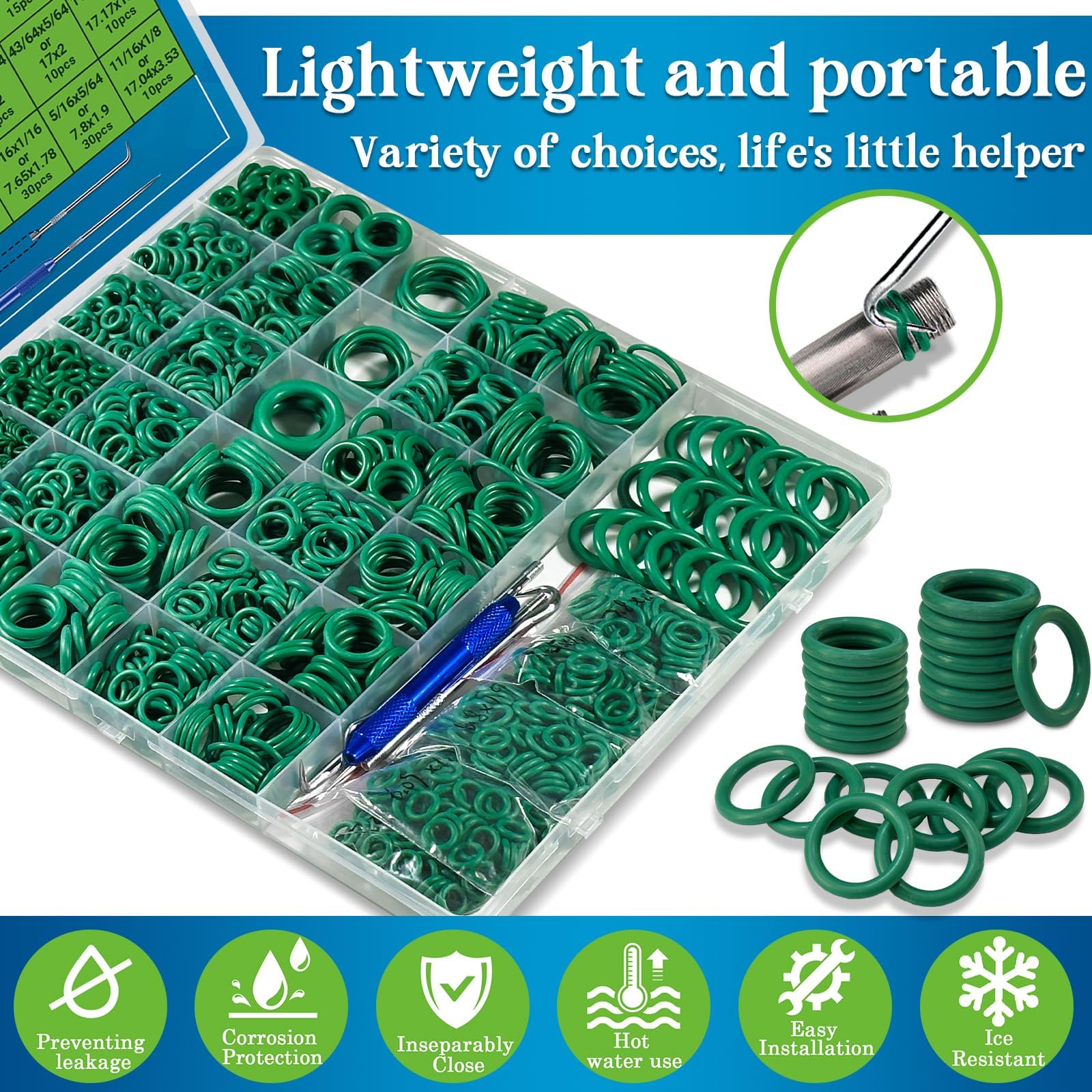KEZE Kit O-Ring Per Aria Condizionata 595 Pezzi 36 Misure - Verde, Metriche E SAE, Per Auto, Compressori E Idraulica