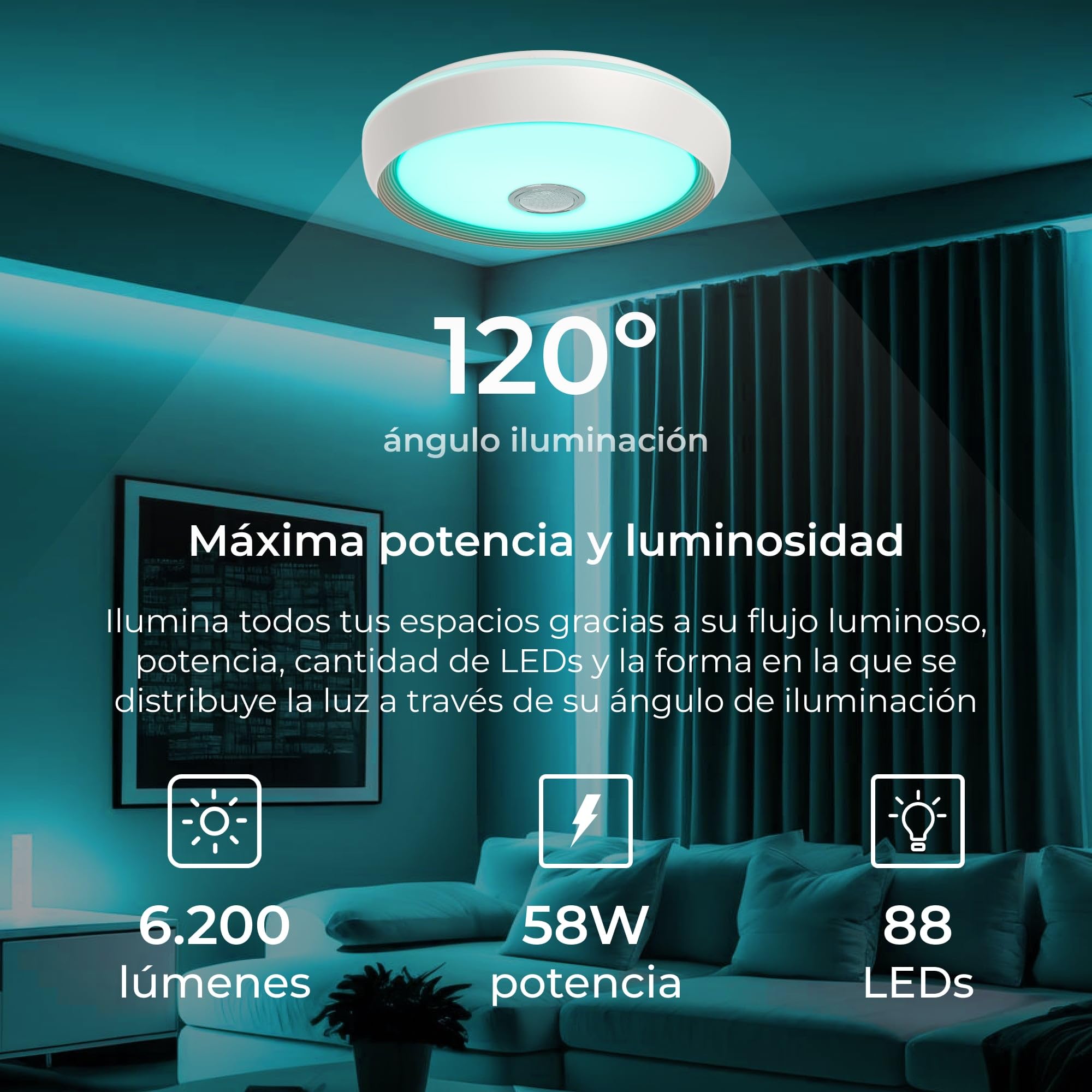 KSIX Glory Plafón Led Inteligente Techo con Altavoz, Color regulable RGB, 6200 lm, Ø47cm, Luz Controlable con Mando a Distancia y App, para Cocina Dormitorio o Infantil, Resiste polvo y salpicaduras