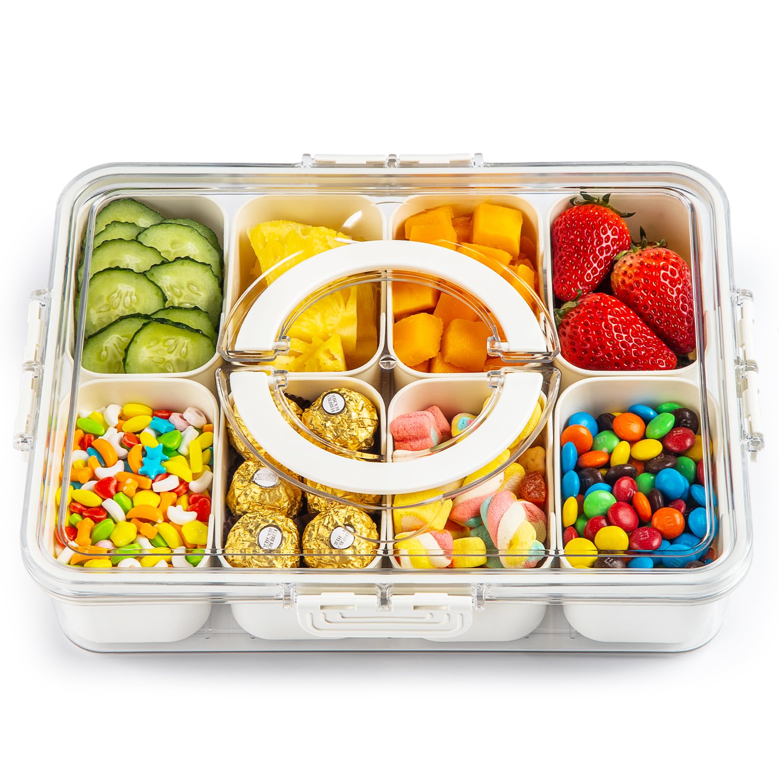 Snackle Box Container,Divided Clear Snack Box Serving Tray with Lid and Handle,8 Compartments Snack Tray,Portable Travel Snack Container,Perfect for Party, Travel, & Picniccnic（1 Pack）