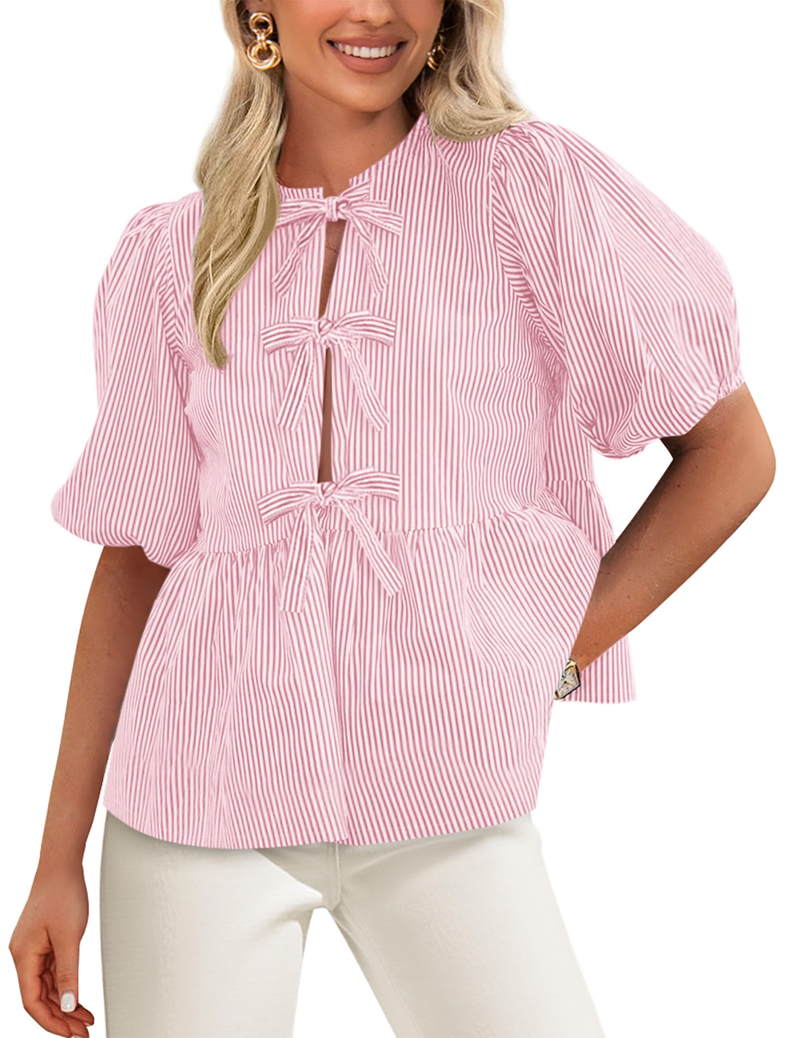 PRETTYGARDEN Women's Tie Front Striped Shirt 2026 Summer Trendy Fashion Cute Babydoll Tops Peplum Puffy Sleeve Blouse