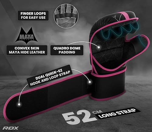 Miniatura 5 de RDX Guantes MMA Sparring Grappling, guantes híbridos de palma abierta para artes marciales para hombres y mujeres, soporte de muñeca de cuero Maya,