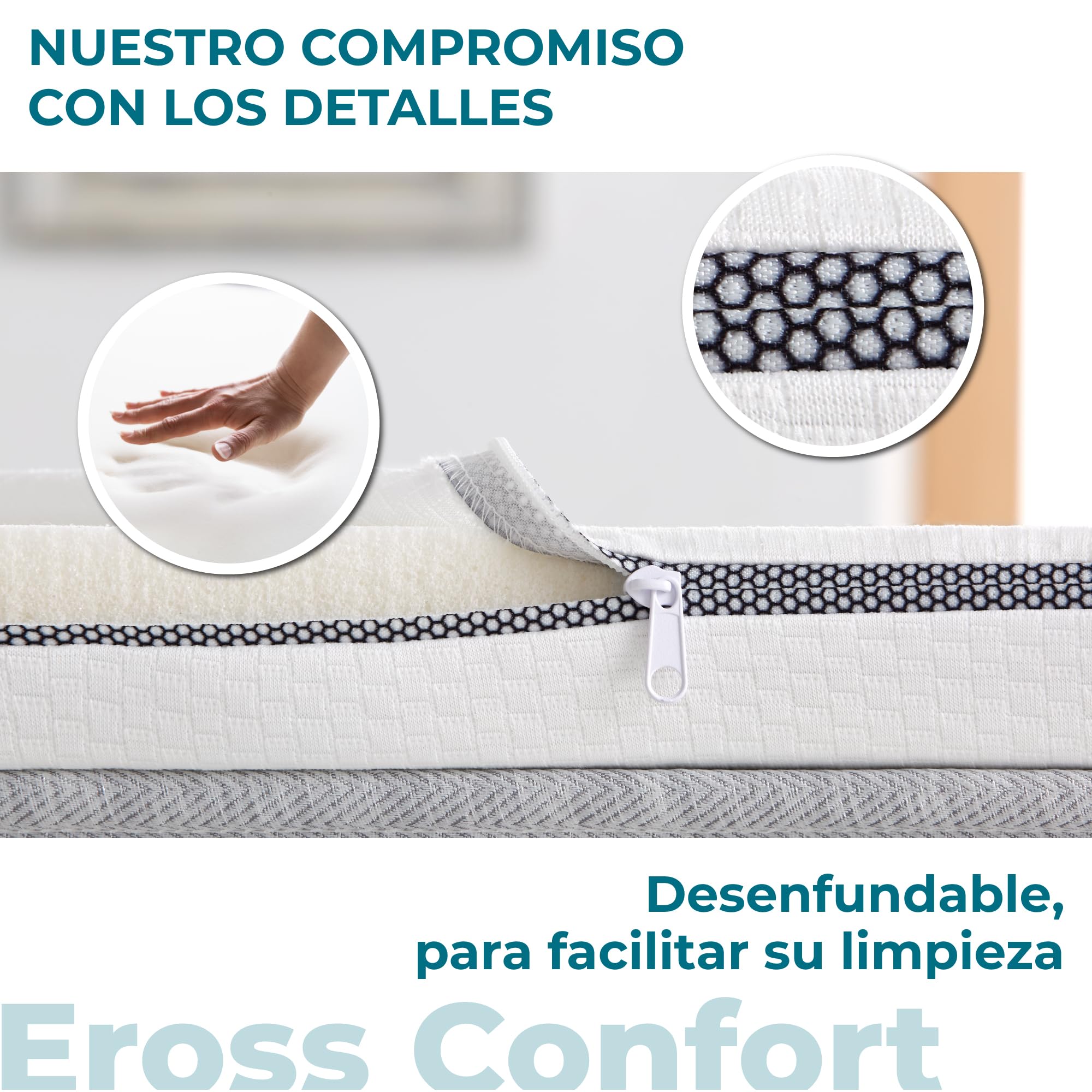 Topper 135x190 Núcleo 100% Viscoelástica Premium. Desenfundable, Cremallera Oculta y Lavable. Sobrecolchon Hipoalergénico y Transpirable. Fabricación Propia. Altura 5 cm.