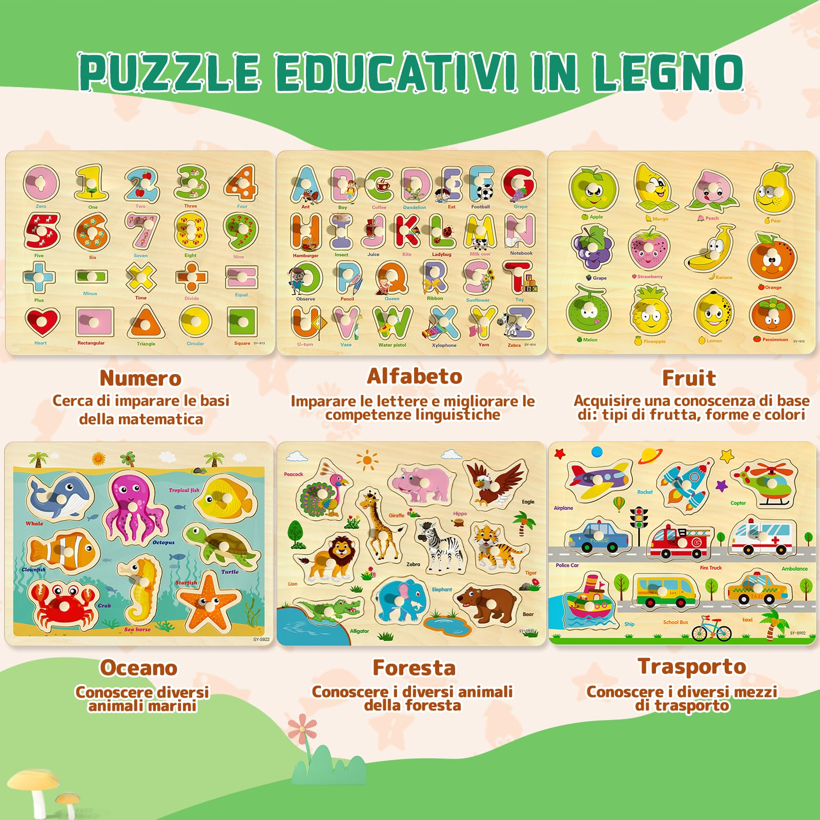 Puzzle con pioli in legno per bambini dai 2 ai 4 anni, confezione da 6 giocattoli educativi Montessori, puzzle regalo per bambini da 1 a 3 anni con numeri dell'alfabeto e forme di animali