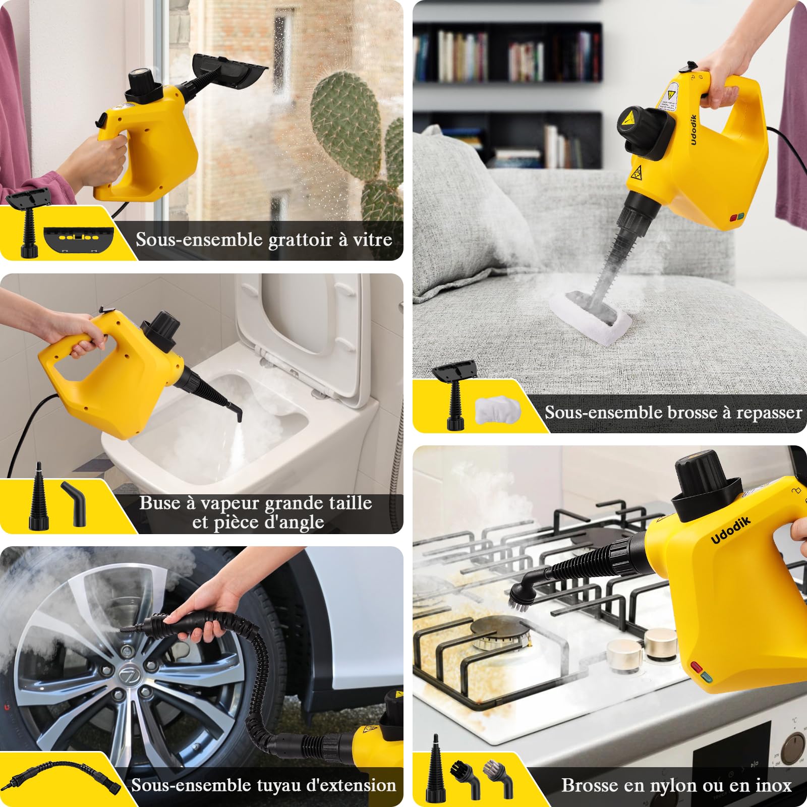 Nettoyeur vapeur portable pour la maison, multi-usages avec 10 accessoires pour tapis, rideaux, canapés, cuisine, punaises, salle de bain et plus encore (yellow)