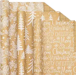 Rolo de papel de embrulho de Natal - Papel kraft marrom com árvore de Natal branca vintage, agulha de pinheiro, letras de feliz Natal para Natal, celebração de ano novo - 3 rolos - 43 x 300 cm