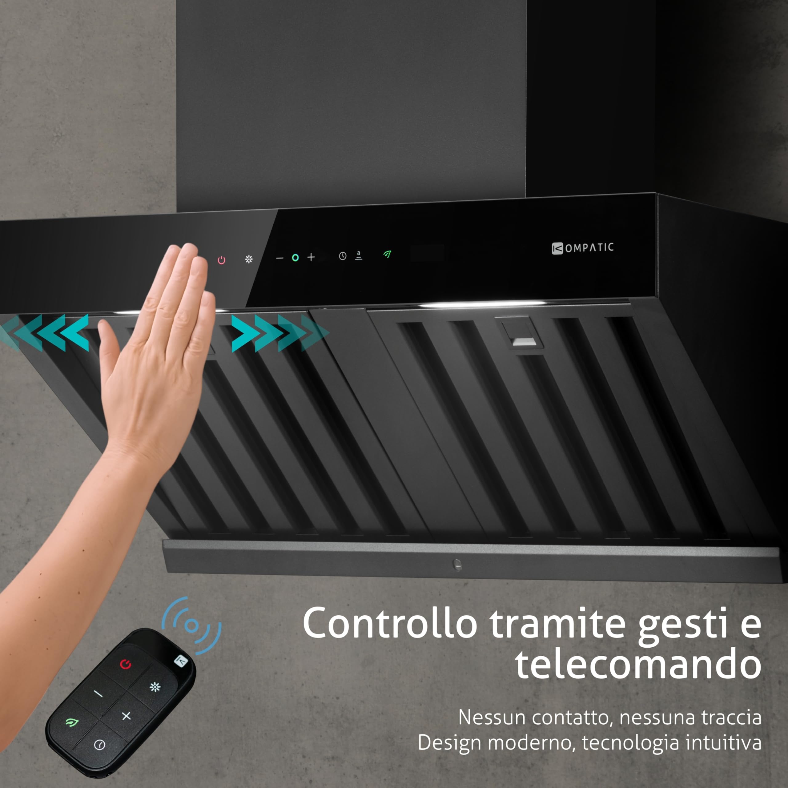 Kori 60 KPKR60WB Cappa a Parete 60 cm, 800 m³/h, Classe A+++, Gesture & Touch, Telecomando, Sensore Calore, Filtri Baffle, Boost/Super Boost, Nero Opaco