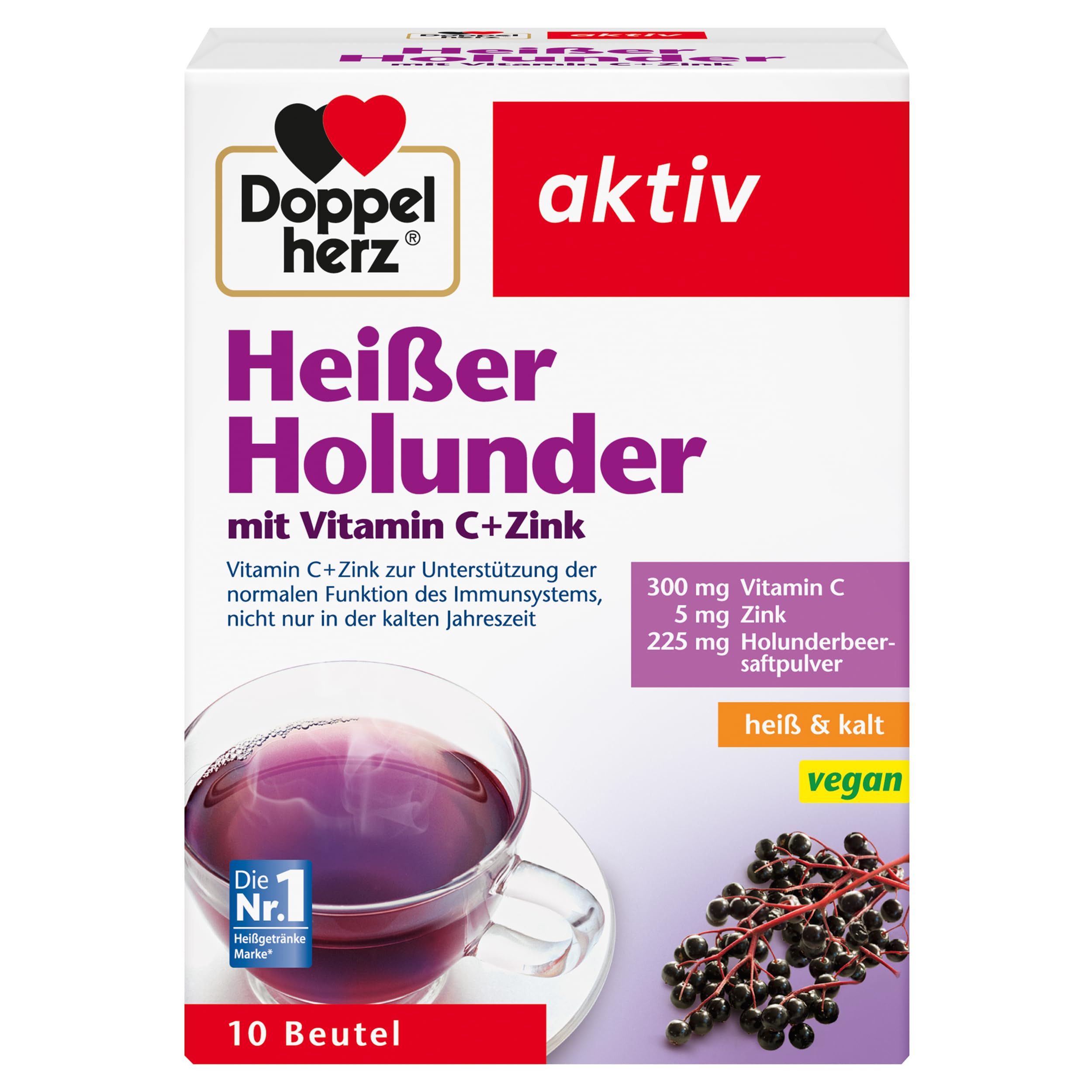 Doppelherz Heißer Holunder - Vitamin C und Zink zur Unterstützung der normalen Funktion des Immunsystems - heiß und kalt - vegan - 10 Beutel