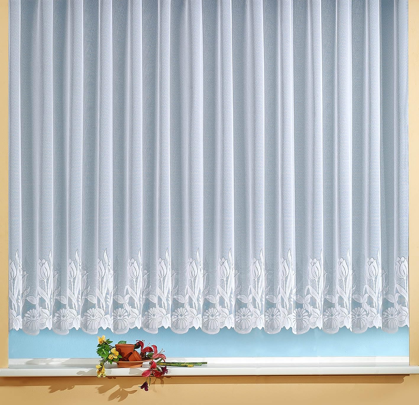 heimtexland ® Store Gardine Jacquard weiß transparent Kräuselband Vorhang mit Blumen Borte Gebogt Oekotex Typ69 Höhe 175cm x Breite 600cm
