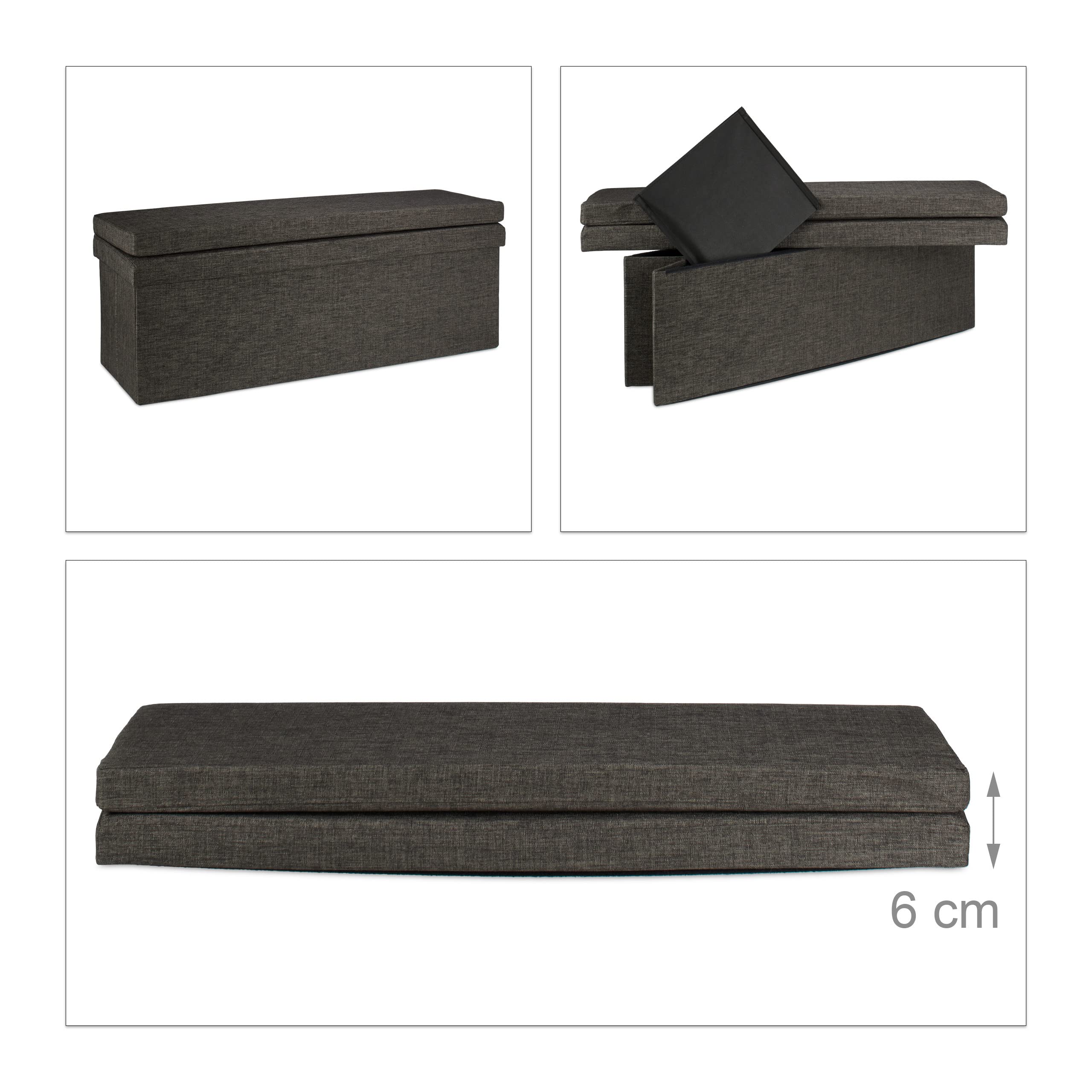Relaxdays Panca Pieghevole con Schienale, Coperchio, Contenitore, Imbottita, Lino, Marrone, HxLxP: 73 x 114 x 38 cm