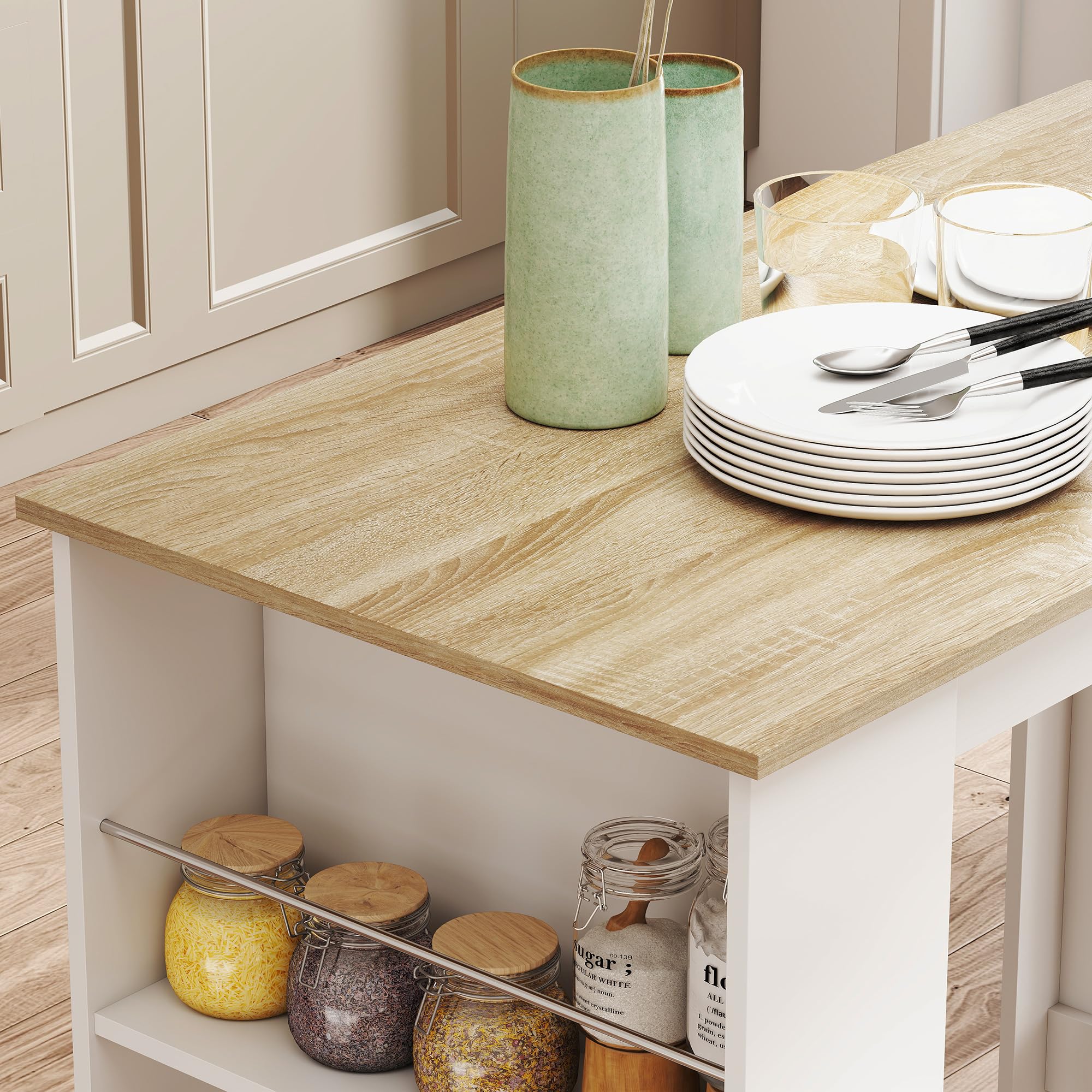 HOMCOM Table de Bar Table Haute de Cuisine Mange-Debout comptoir - dim. 112L x 57l x 106H cm - 3 étagères - Aspect chêne Clair Blanc
