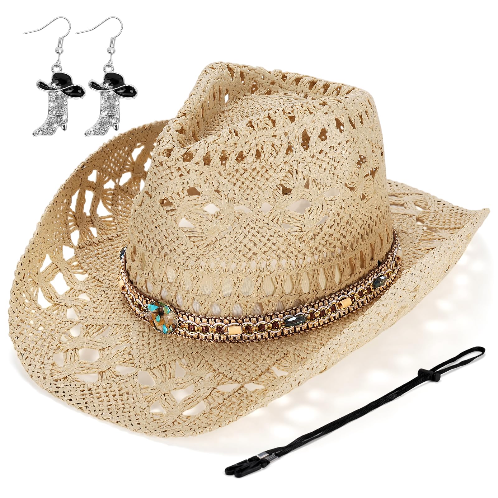 Geebuzz Straw Cowboy Hat for Women, Western Cowgirl Hats with Boot Earrings, Brim Summer Beach Hat (Beige)