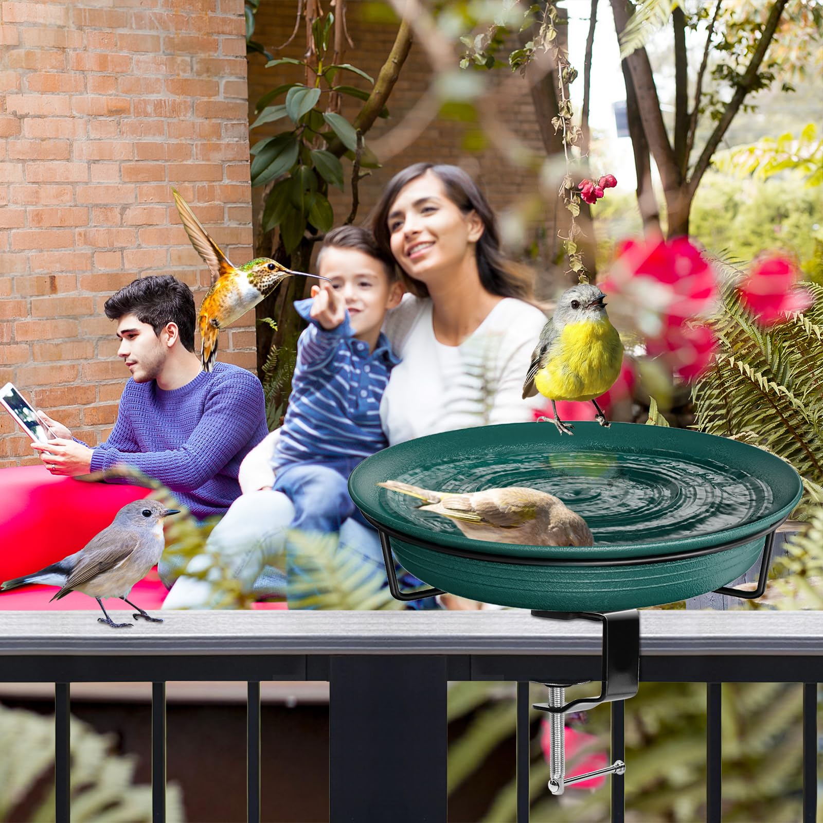 Bebedero para pájaros, balcón grande, barandilla de balcón, jardín, moderno, baño para pájaros, grande, resistente a las heladas, resistente al invierno, bebedero para pájaros, colgante
