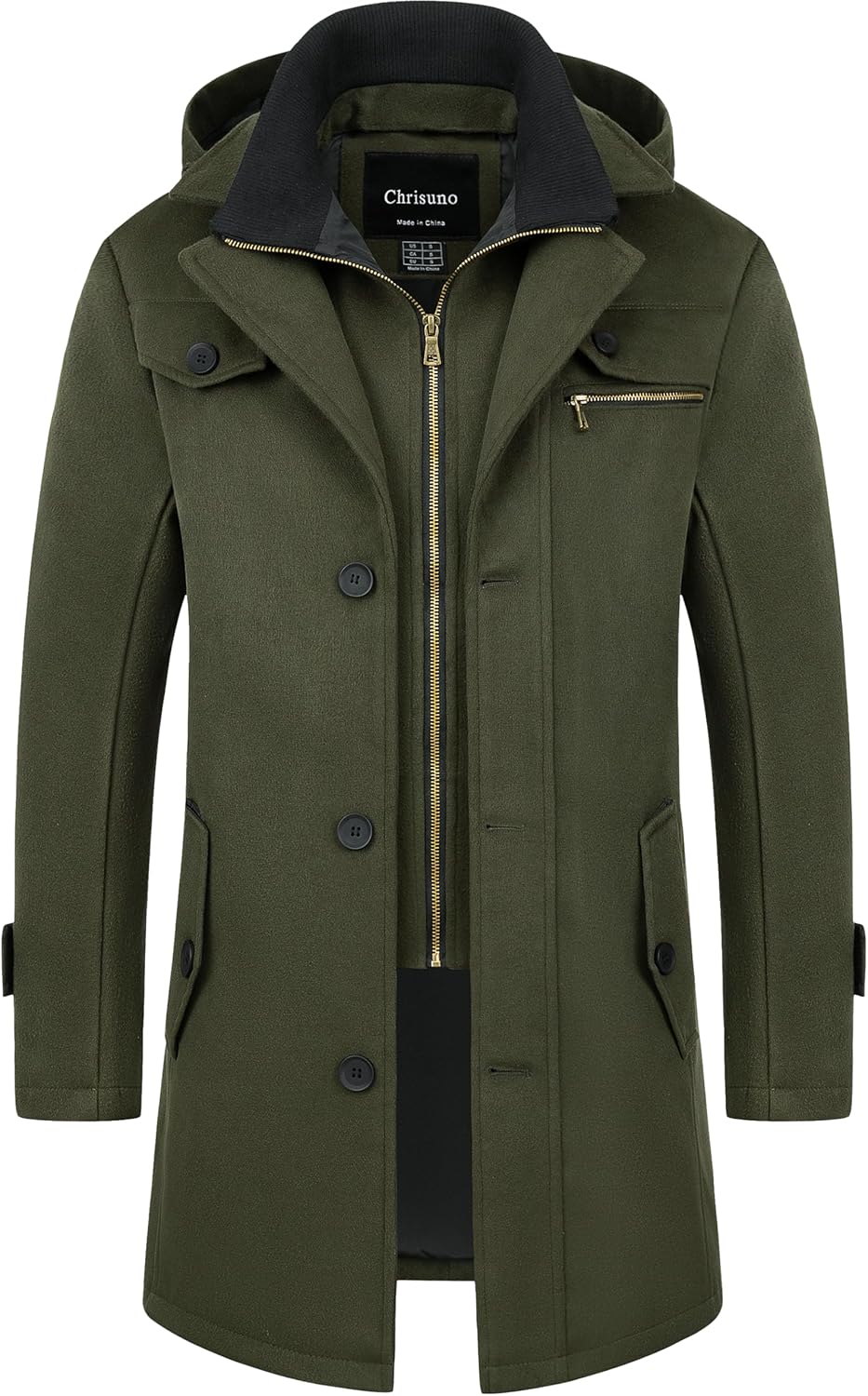 Chrisuno Men's Classic Long Pea Coat Warm Wool Blend Winter Trench Coat Single Breasted Overcoat with Detachable Collar