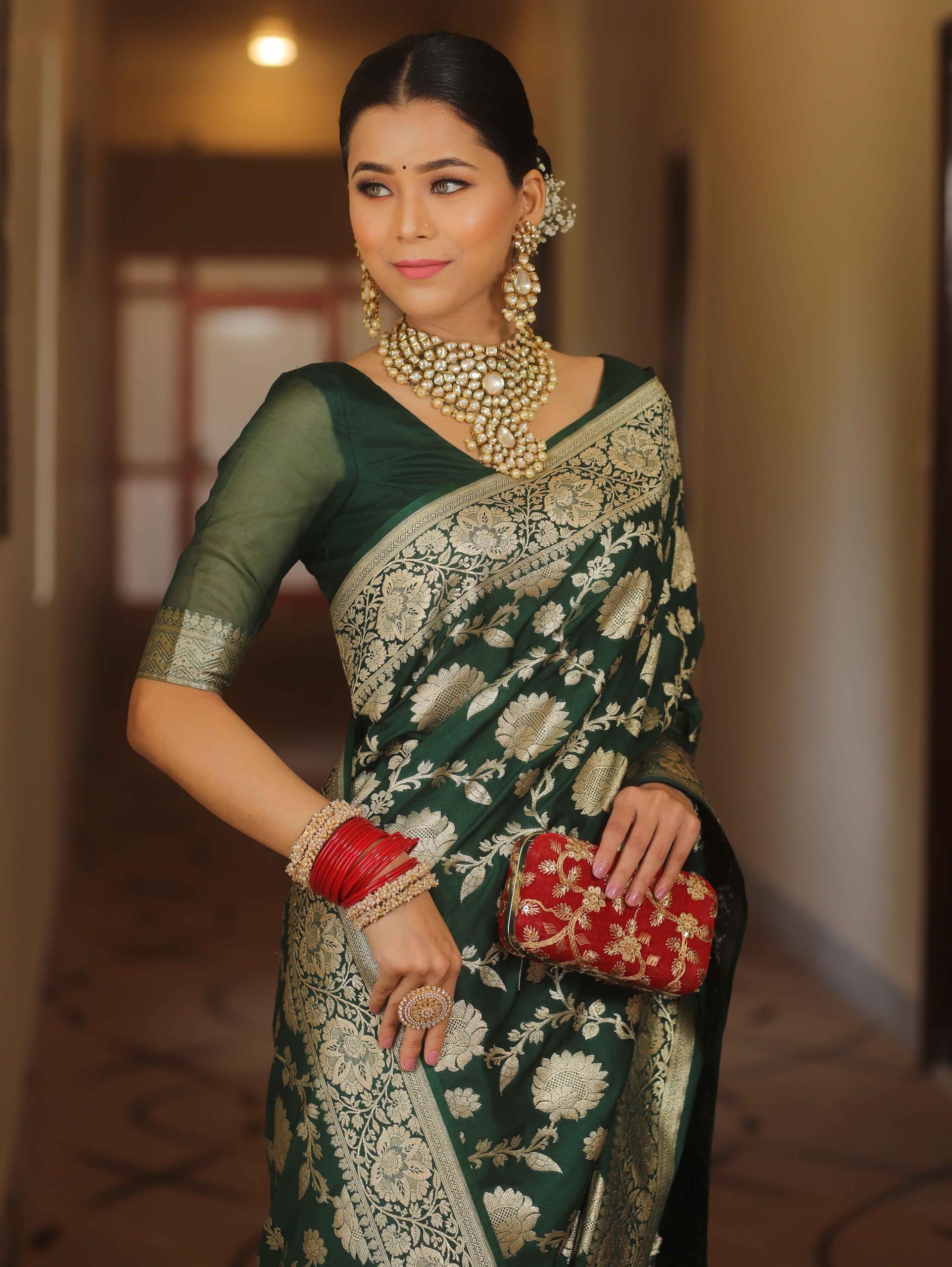 Sugathari Women's Banarasi Saree Pure Kanjivaram Silk Saree Soft New Ladies 2025 Design Wear Pattu Sarees Latest Sadi Party Sari Collections With Blouse Piece (San Pari-222-Dark Green)