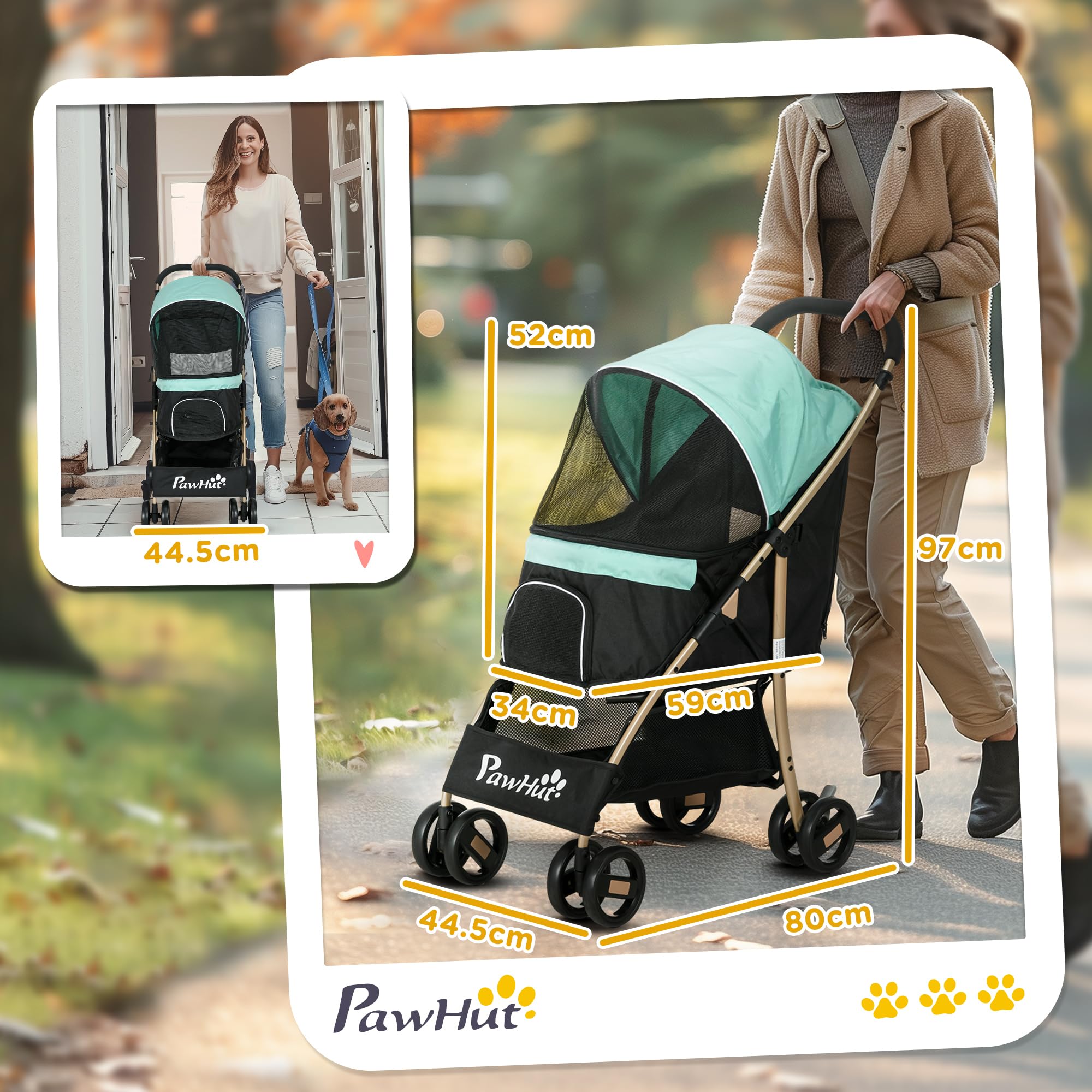 PawHut Passeggino per Cani Piccoli e Mini, Passeggino per Animali Pieghevole con Copertura Antipioggia, Cestino e Guinzaglio Integrato, Verde