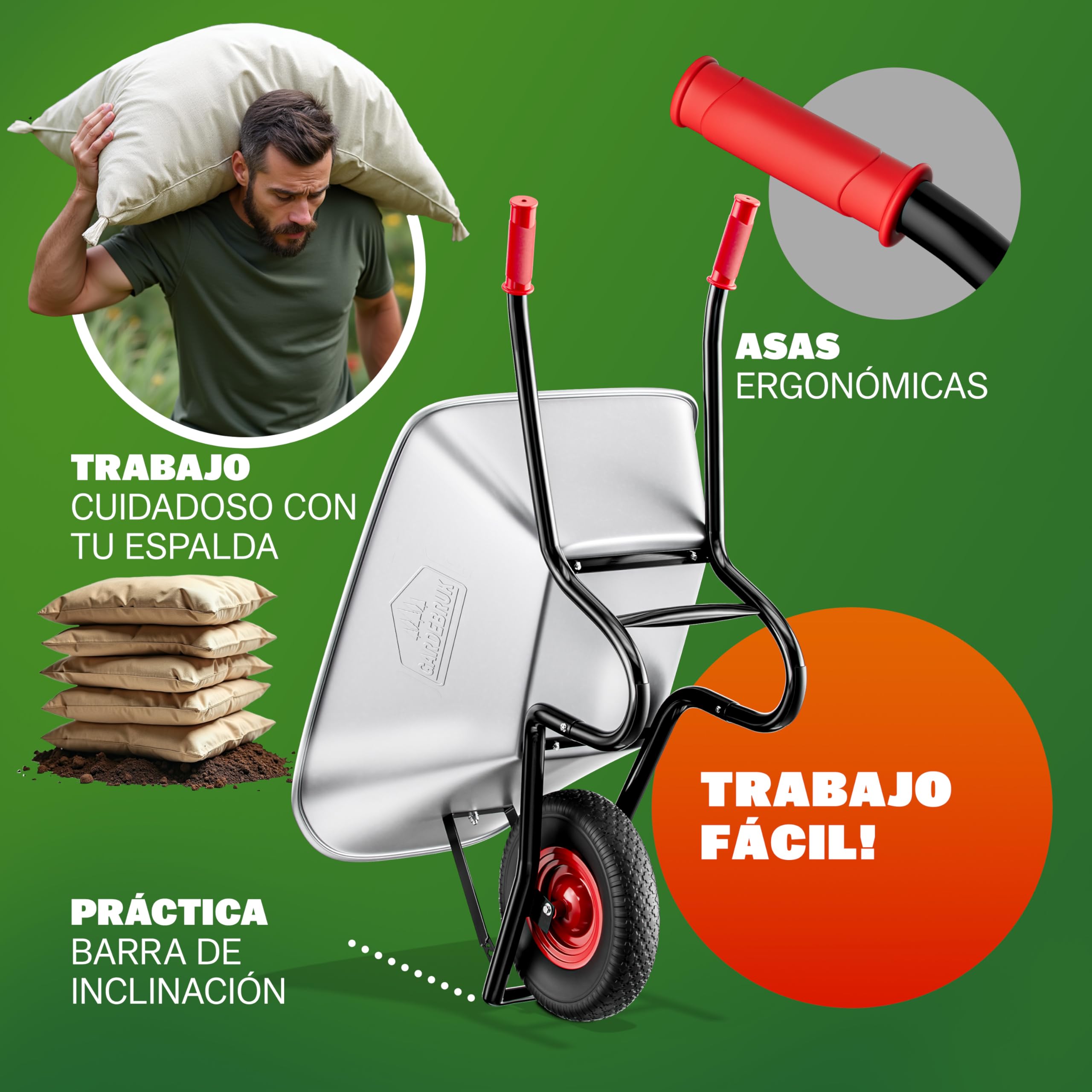 GARDEBRUK® Carretilla de Obra 100 L Capacidad Carga 250 Kg Acero galvanizado Rueda 40 cm Resistente Llanta Acero Herramienta Jardinería Construcción
