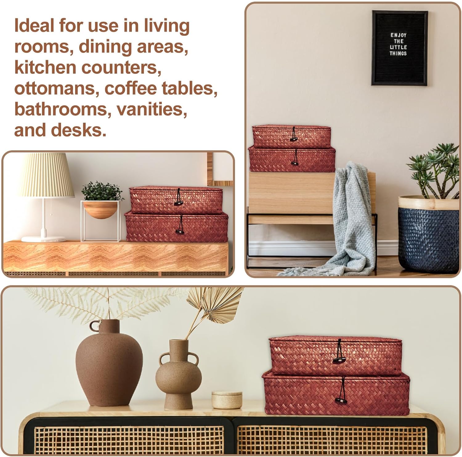 5 Pcs Seagrass Basket with Lid 5 Sizes Decorative Storage Boxes Rattan Wicker Storage Basket with Lids Woven Organizer Baskets Multipurpose Flat Storage Bins for Shelf Closet Bedroom (Dark Brown)