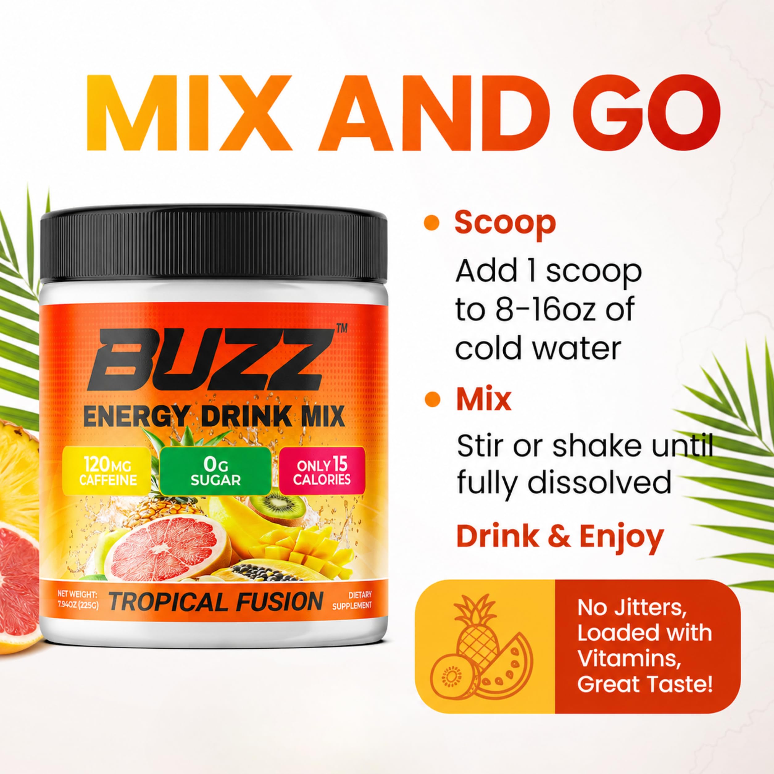 Sugar Free Energy Drink Powder - 18 Vit & Minerals, Tropical Fusion Flavor — Amazon image 6