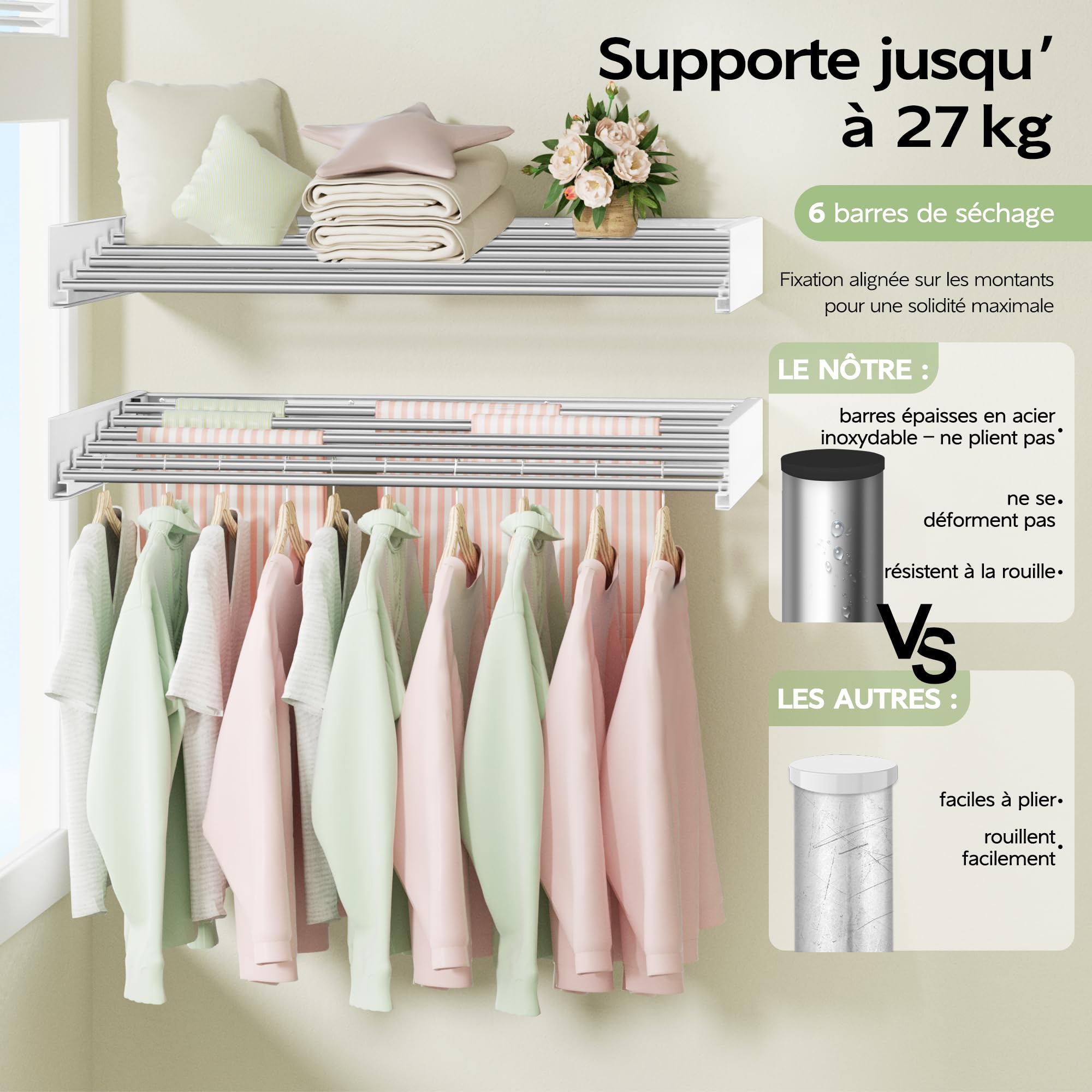 Vikaqi Étendoir à Linge Mural 100 cm, Séchoir Mural Pliable pour Intérieur, Séchoir à Linge Rabattable, Porte-Serviettes avec Gabarit de Perçage, 6 Barres, Blanc