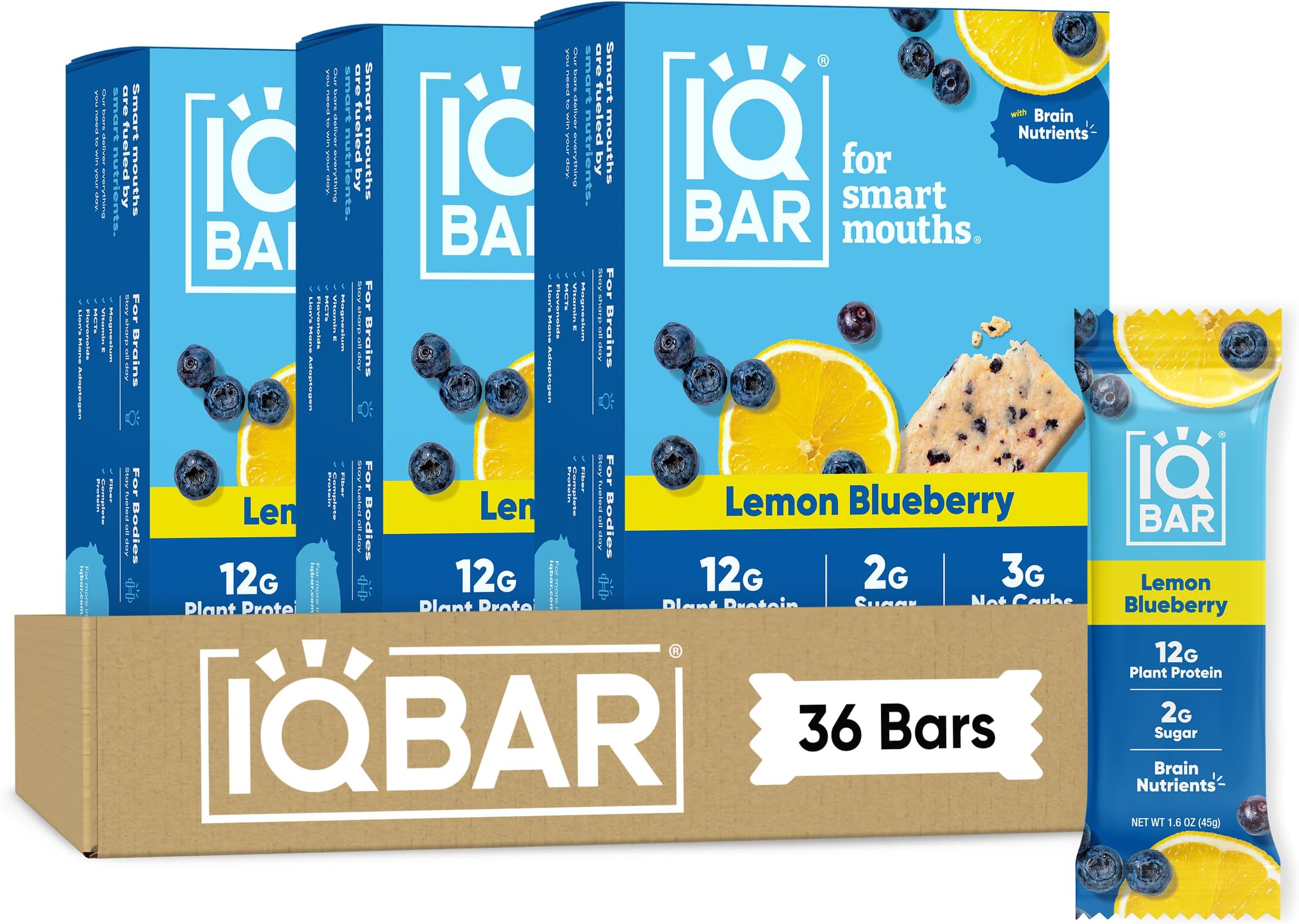 IQBAR Clean Protein Bars, Low Sugar Keto, Lemon Blueberry 36-Count | High Fiber Plant Based Snacks, Clean Label Project Certified | Gluten Free, Dairy Free, Vegan, Soy Free