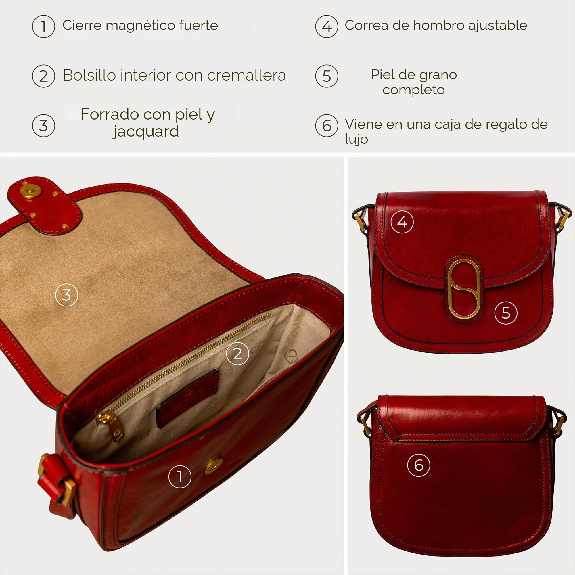 Time Resistance Bolso Bandolera de Cuero de Grano Completo – Bolso de Hombro con Cierre Magnético – Bolso de Cuero para Mujer