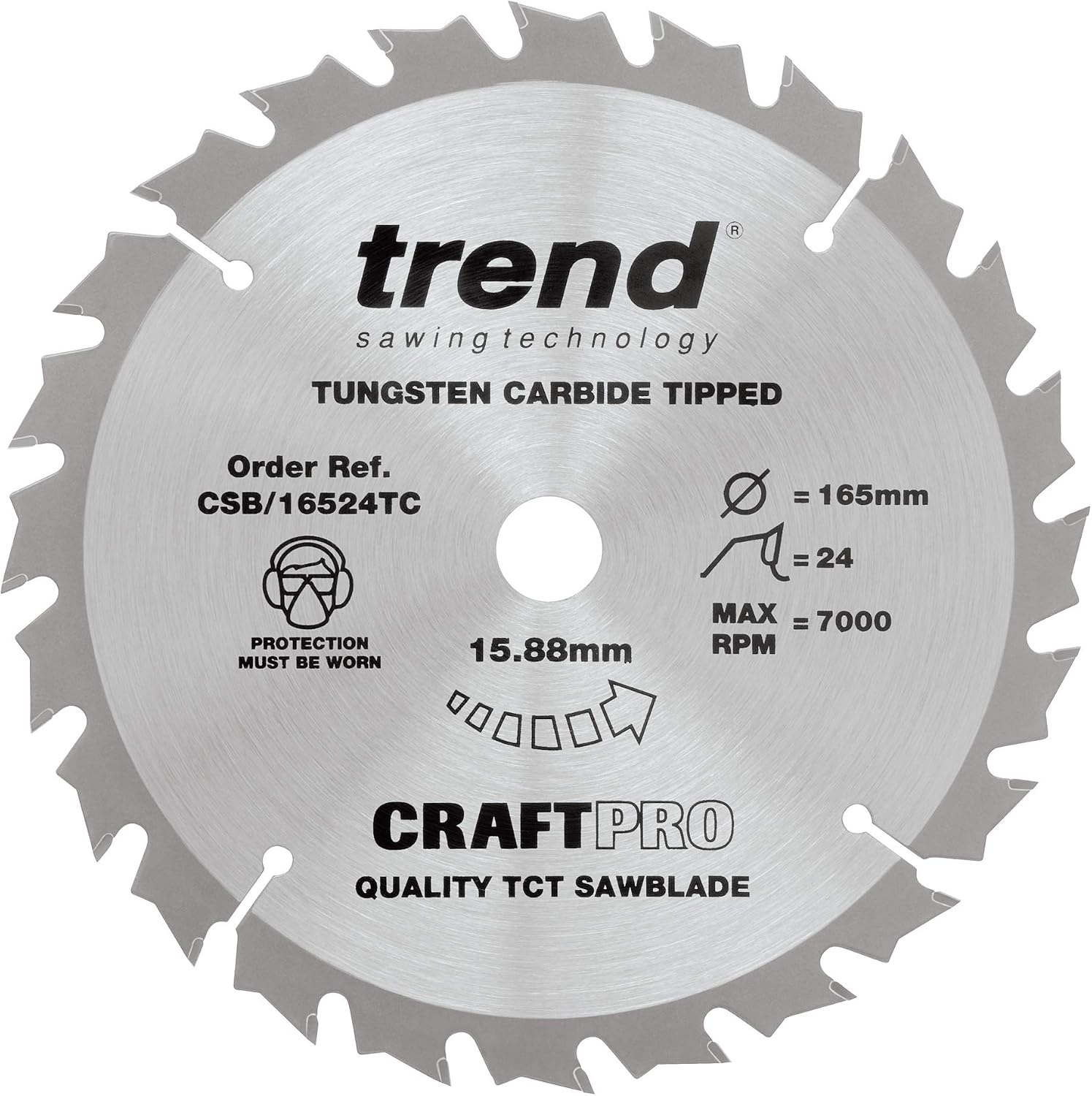 Trend Wood Cordless Circular Saw Blade, 165mm Diameter, 15.88mm Bore, 24 Teeth, 1.6mm Kerf, +15° Hook, TCT, Medium Finish, CSB/16524TC