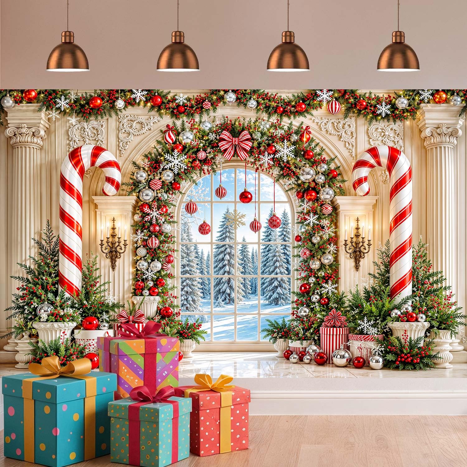 Arche enneigée Fenêtre Couronne de Noël Photographie Toile de fond Décoration de fête de Noël | Boîte cadeau en forme de sapin de neige pour Noël, hiver, vacances, famille, gâteau, table, photomaton, décoration 3 x 2,4 m