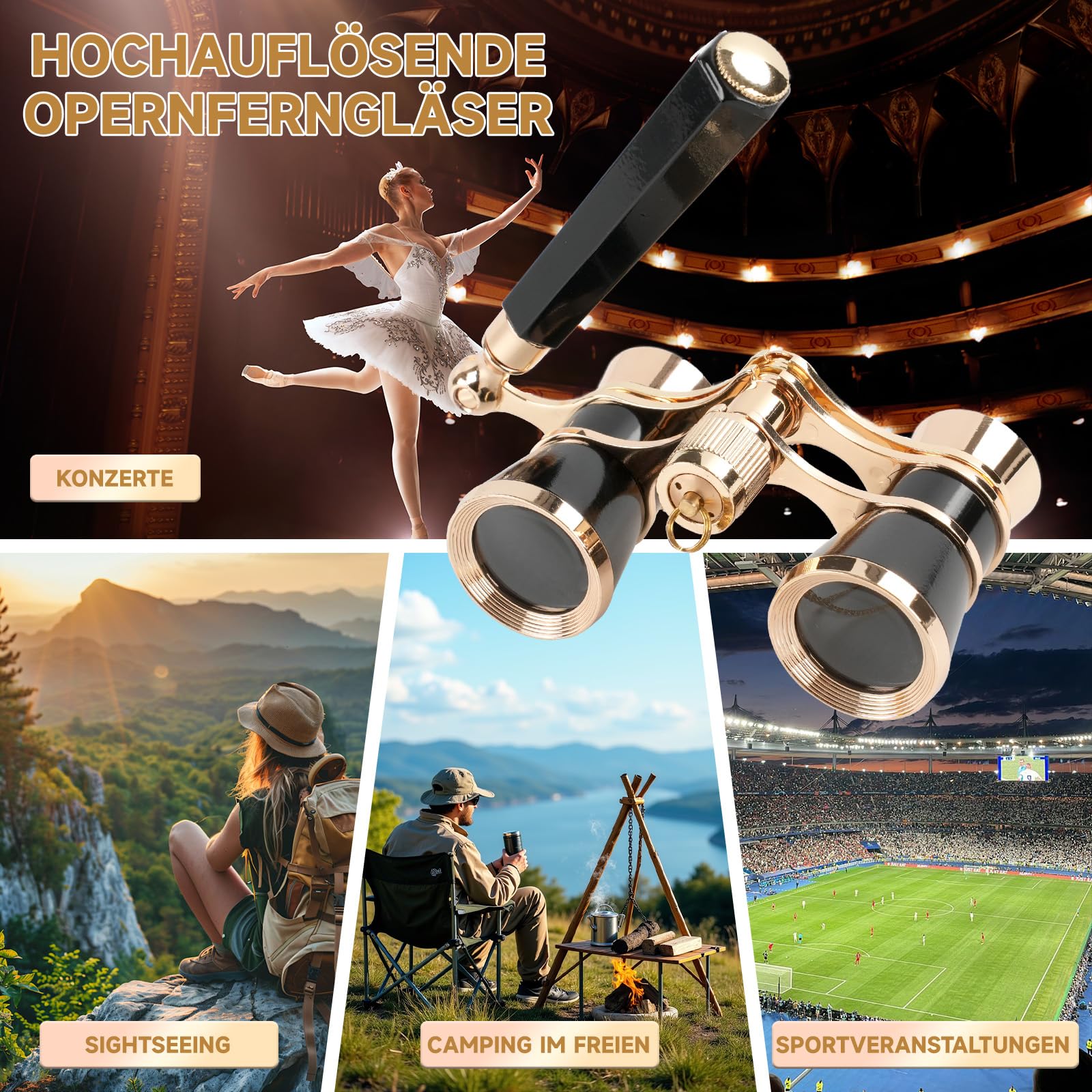 Opernglas 3x25 BK7 Prisma – Leichtes Retro Theaterfernglas (150g) für Oper Konzert Kino, Schwarz