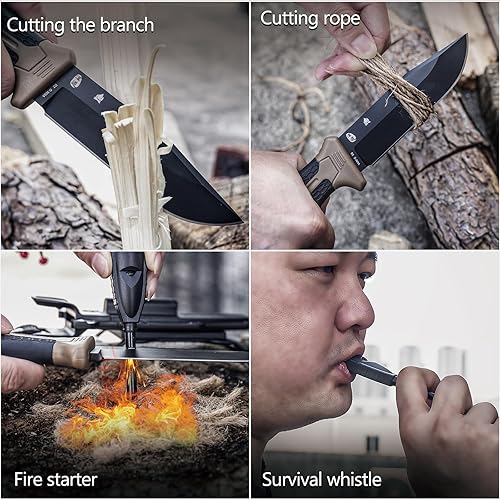 Miniatura 4 de HX OUTDOORS Cuchillo de bushcraft extra afilado con arrancador de fuego, cuchillo de campamento de supervivencia de acero D2 prémium con funda de