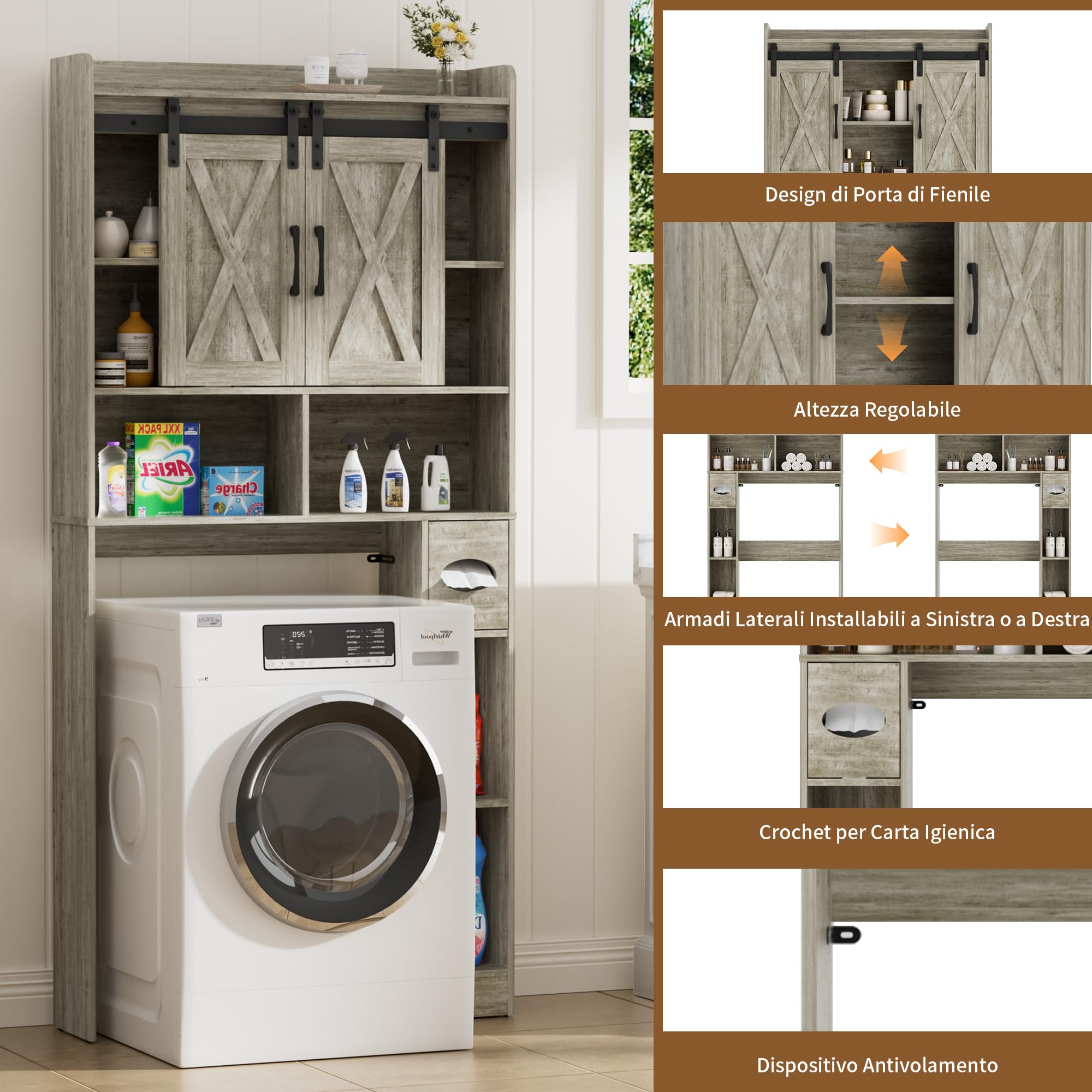 BonVache Armadio Lavatrice con 2 Porte Scorrevoli Ripiani Regolabili Lavatrice Mensola Lavatrice con Scomparto Laterale per Asciugamani Carta e 4 Scomparti Aperti Bagno WC Lavanderia Grigio