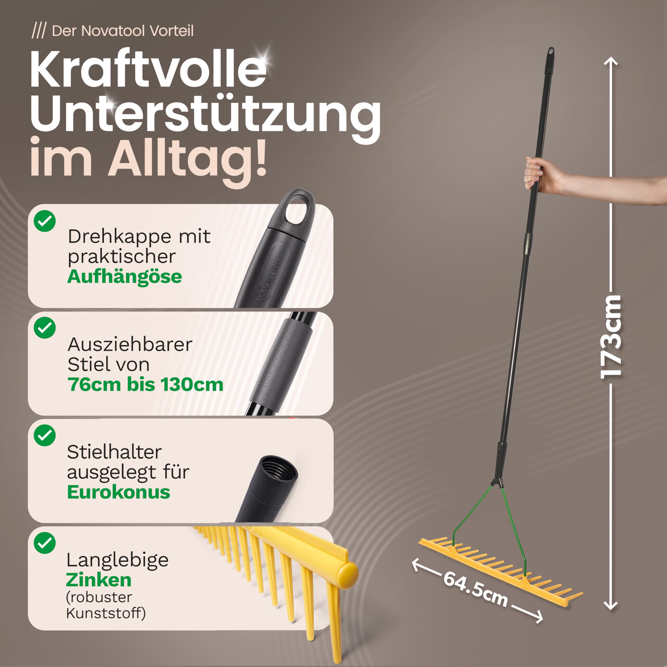 Novatool Zestaw 2 grabi ogrodowych ze zdejmowaną krawędzią, 16 zębów i teleskopowym trzonkiem do 152 cm, szerokość robocza 64,5 cm, grabie z tworzywa sztucznego i metalu, zbieracz liści do ogrodu,