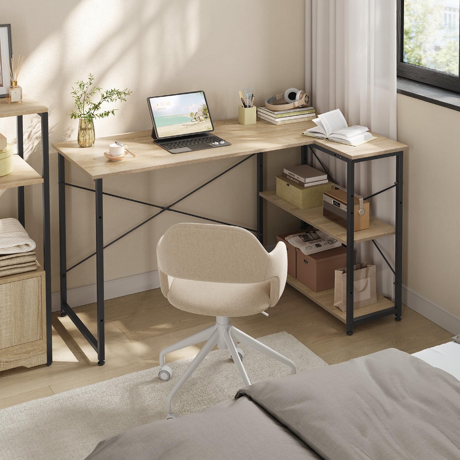 WOLTU Scrivania Ufficio a L Compatta, Rovere | con Libreria Integrata, Design Salvaspazio per Studio/Camera, 120x73x72 cm Naturale e Nero
