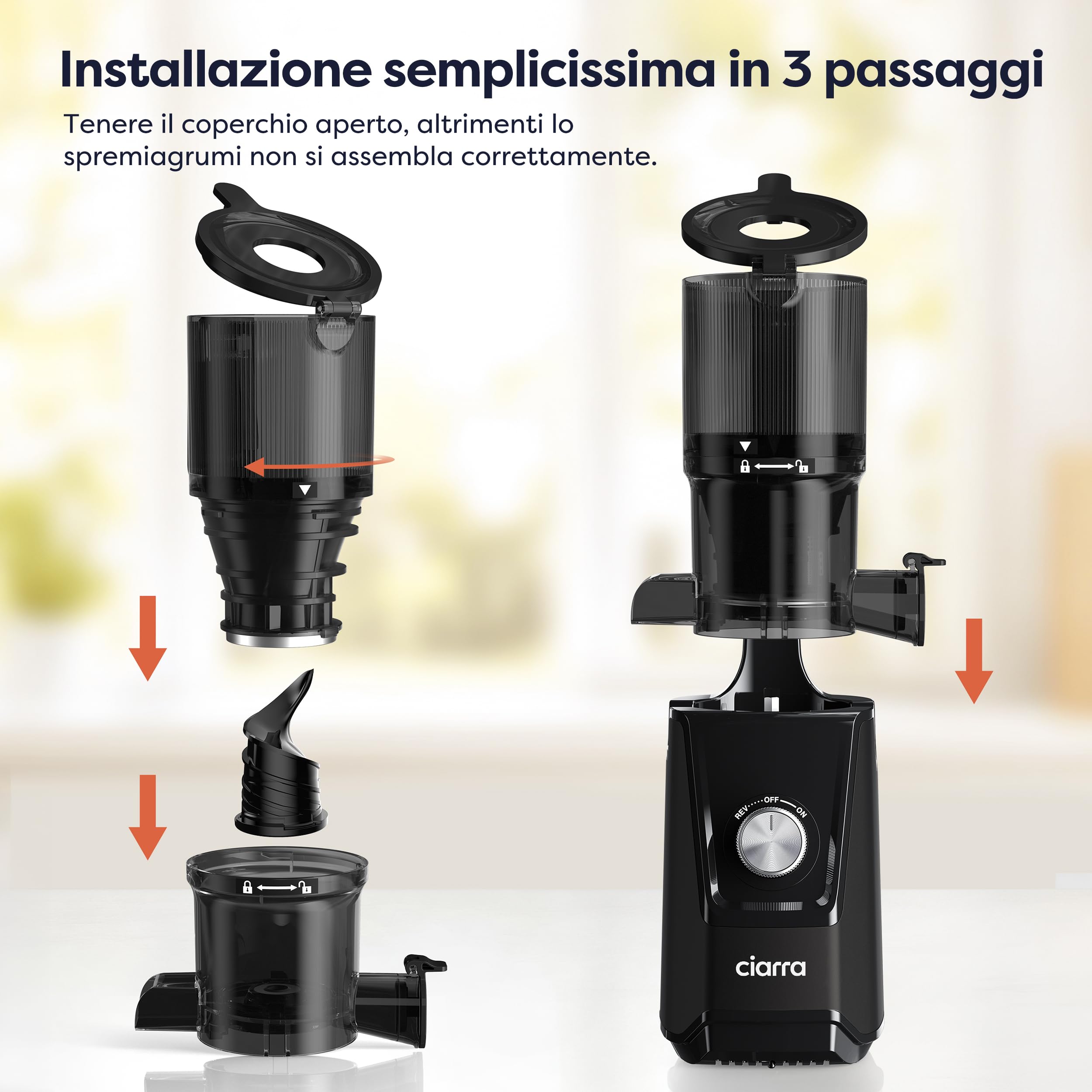 Ciarra AWSJ046-B Estrattore Frutta e Verdura, Estrattore di Succo Lento con Apertura di Alimentazione da 108 mm, SENZA BPA, 1.2L Capacità, Per frutta e verdura intere, 200W, 2 Bicchieri-NERO