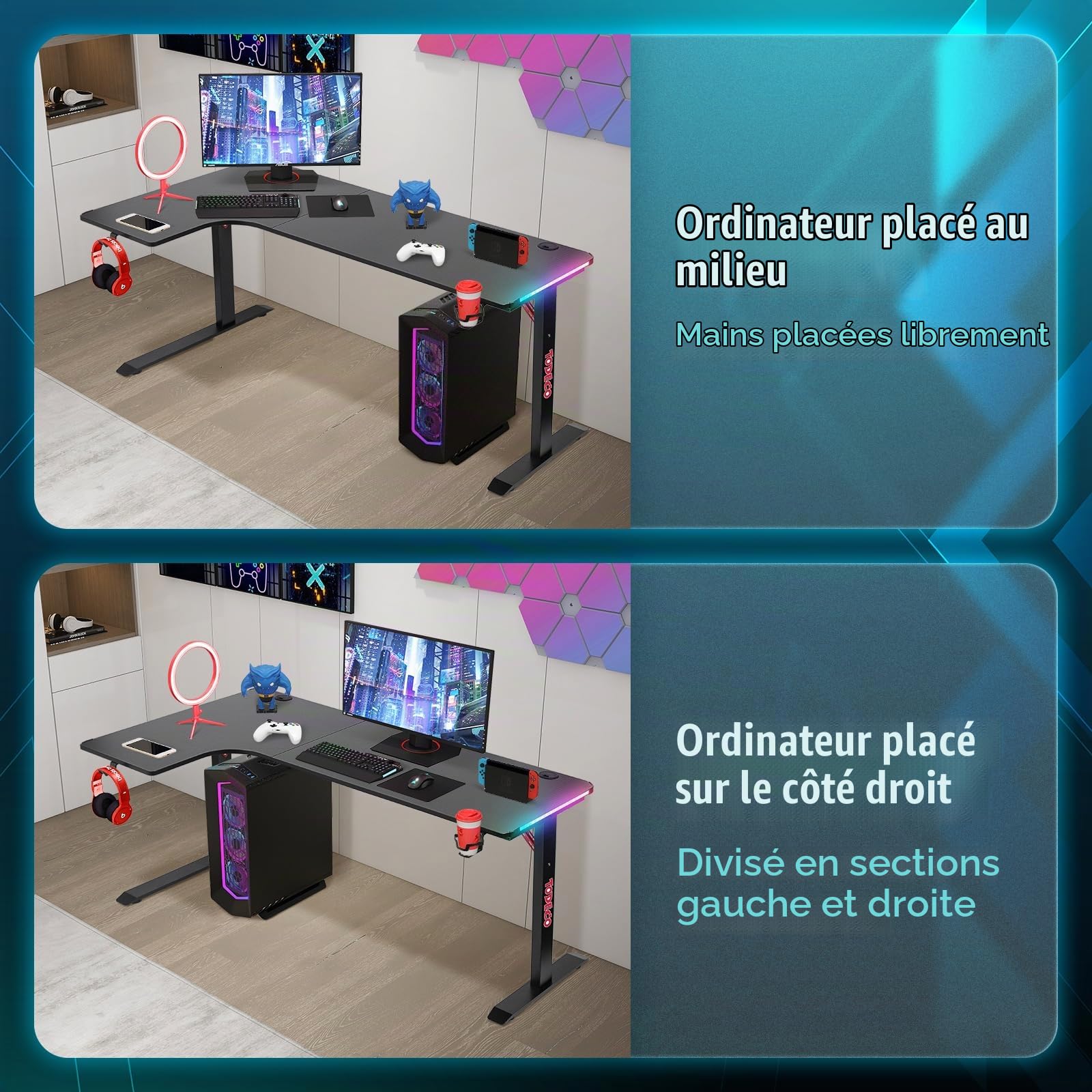 Todeco Bureau Gaming en L, Bureau d'angle 160 × 100 cm avec Éclairage LED