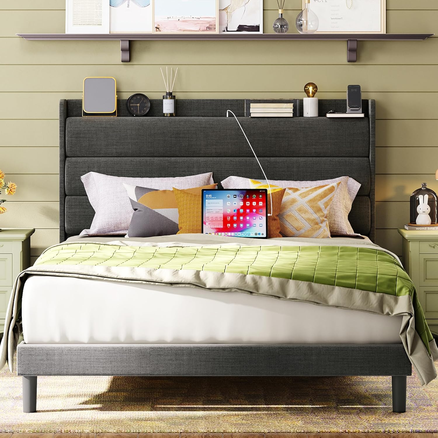 LIKIMIO Full Size Bed Frame, Storage Headboard with Outlets