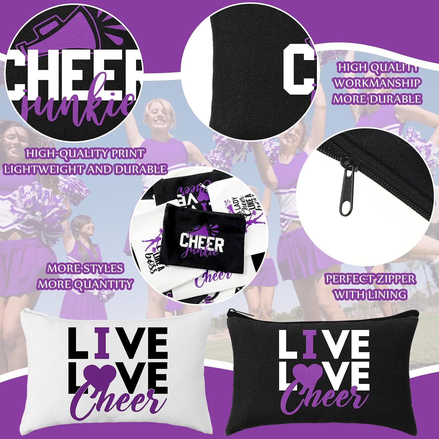 Pinkunn 20 Pcs Cheer Makeup Bags Bulk Cheer Team Gifts for Women Canvas Makeup Case Cheerleader Teams Gifts Zipper Cosmetic Pouch for Cheerleading Party Favors Supplies(Purple) - Image 3