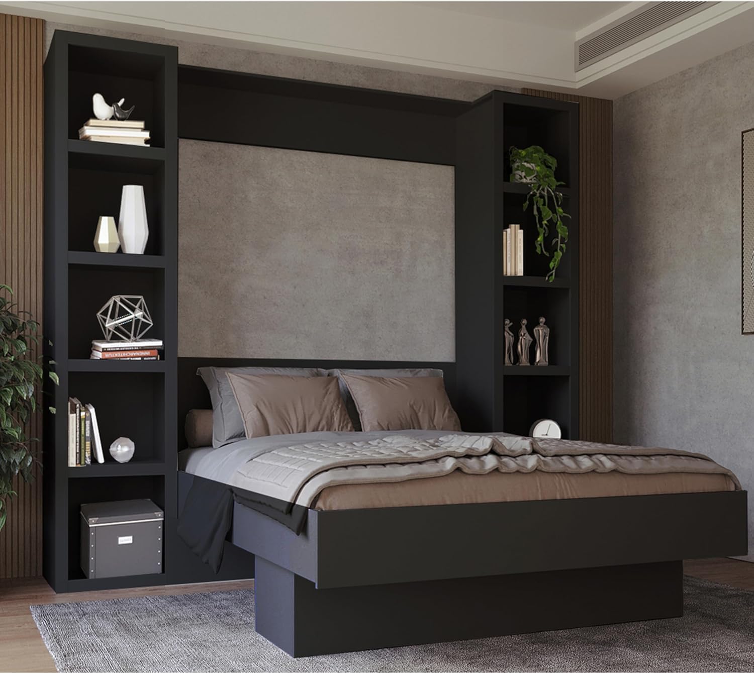 Oakland Living Easy-Lift Queen Murphy Wall Bed in Black with Two Bookshelves