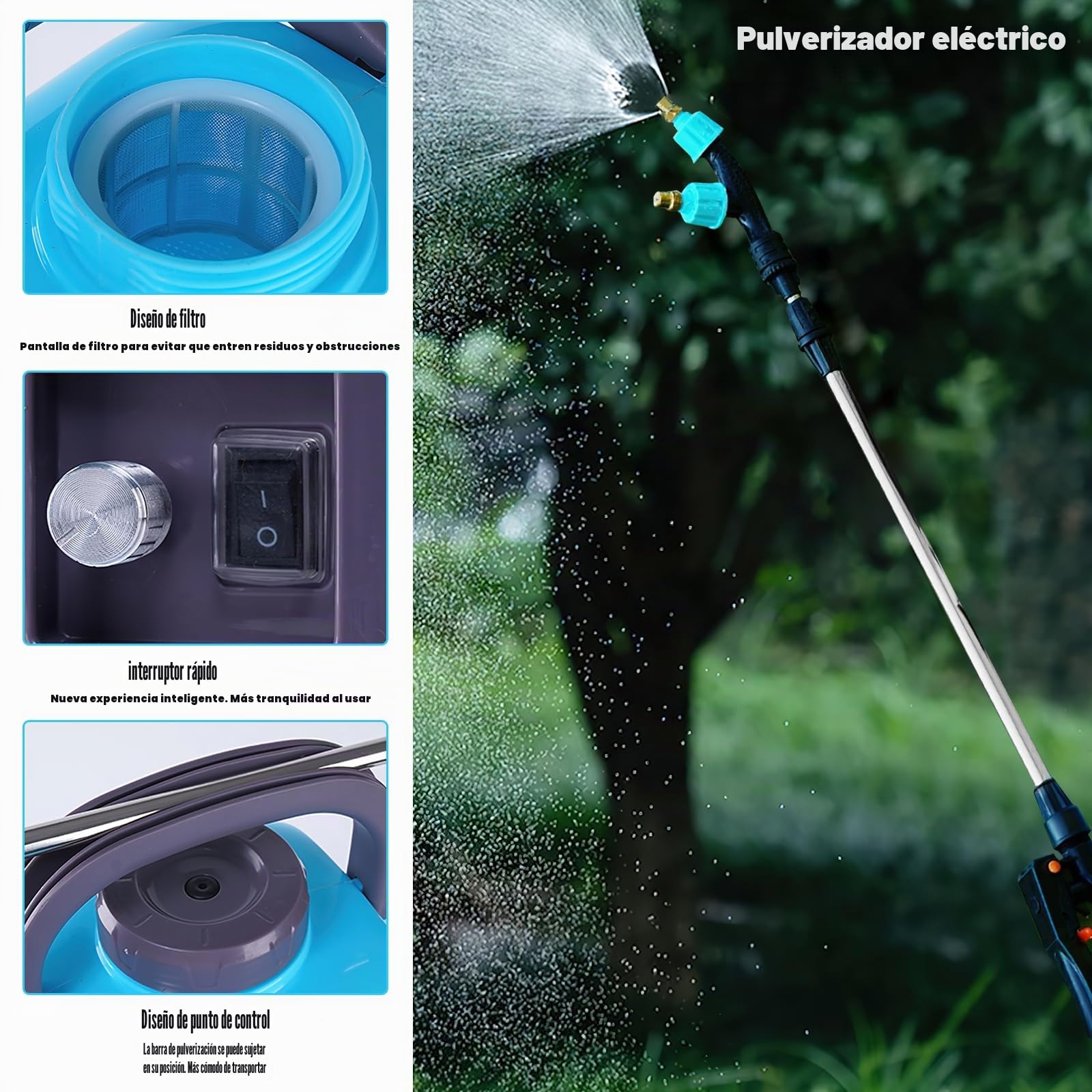 Pulverizador de presión de 10 litros, inalámbrico, con 5 boquillas de niebla, mango USB recargable y lanza retráctil, para césped y jardín (batería)